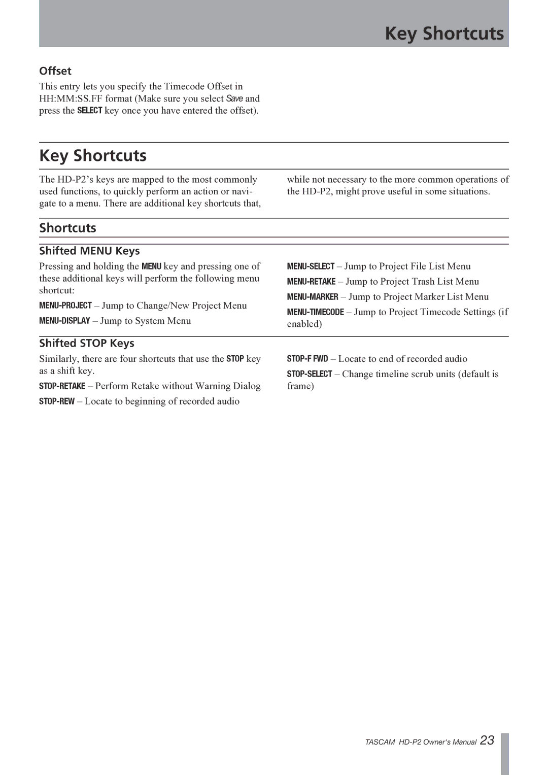 Teac HD-P2 owner manual Key Shortcuts, Offset, Shifted Menu Keys, Shifted Stop Keys 