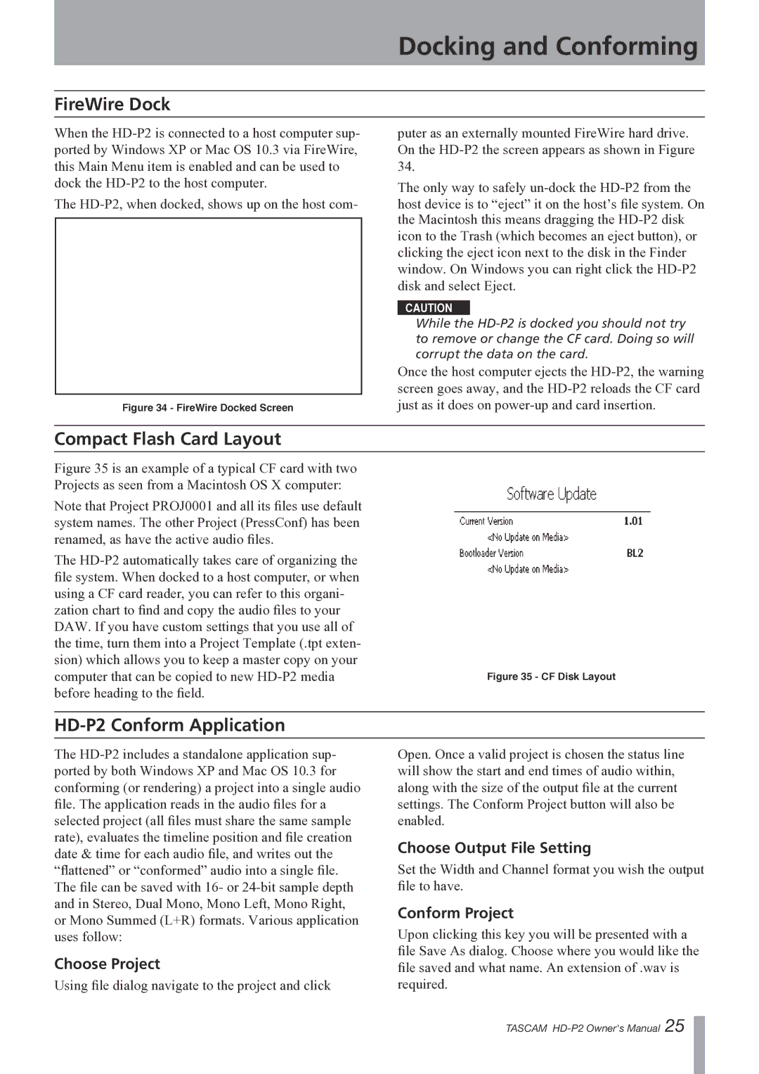 Teac owner manual Docking and Conforming, FireWire Dock, Compact Flash Card Layout, HD-P2 Conform Application 