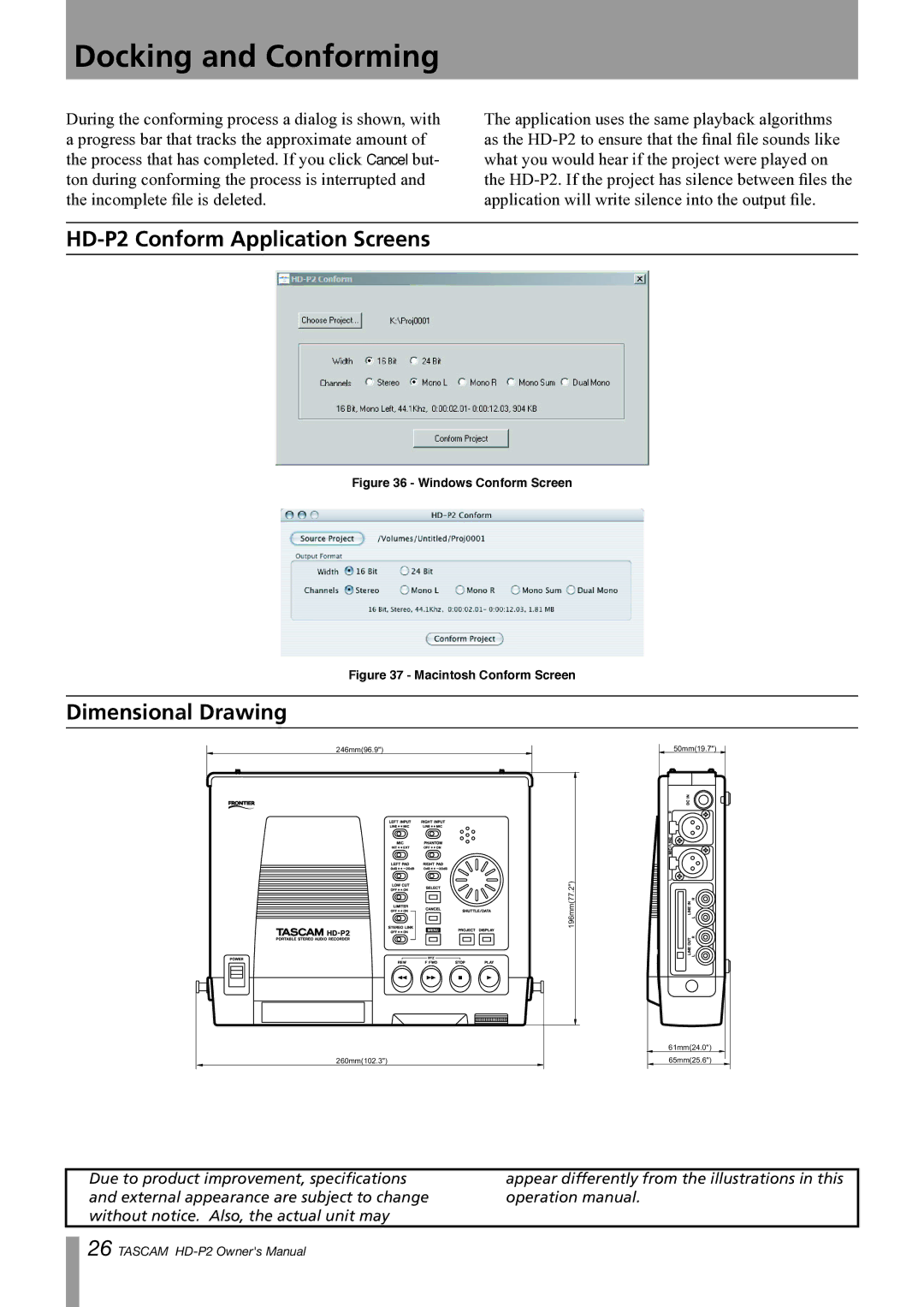 Teac owner manual HD-P2 Conform Application Screens, Dimensional Drawing 