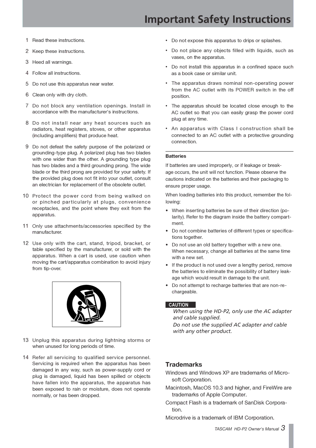 Teac HD-P2 owner manual Important Safety Instructions, Trademarks 