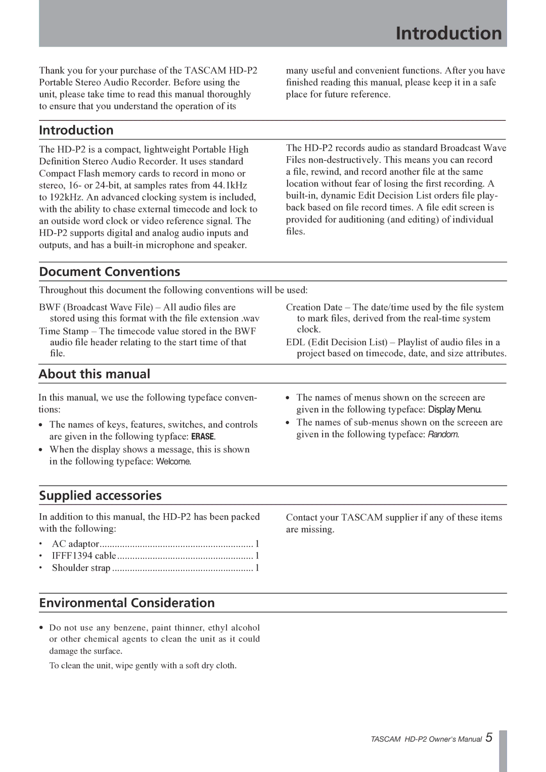 Teac HD-P2 Introduction, Document Conventions, About this manual, Supplied accessories, Environmental Consideration 