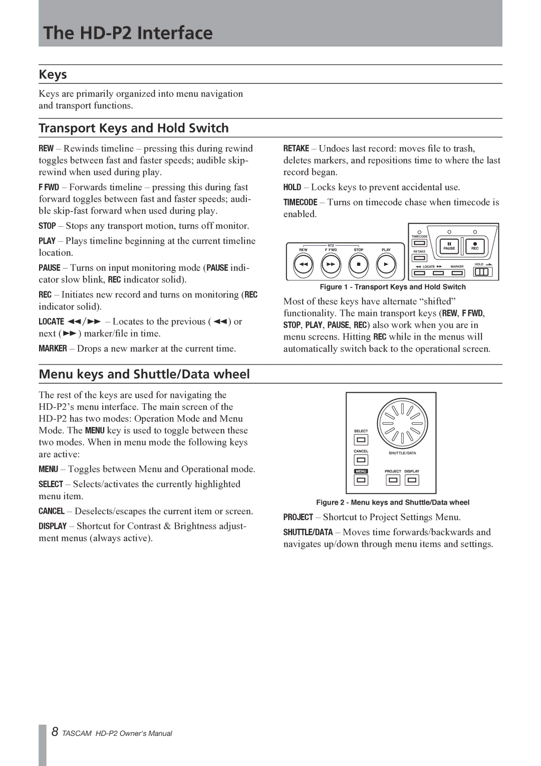 Teac owner manual HD-P2 Interface, Transport Keys and Hold Switch, Menu keys and Shuttle/Data wheel 