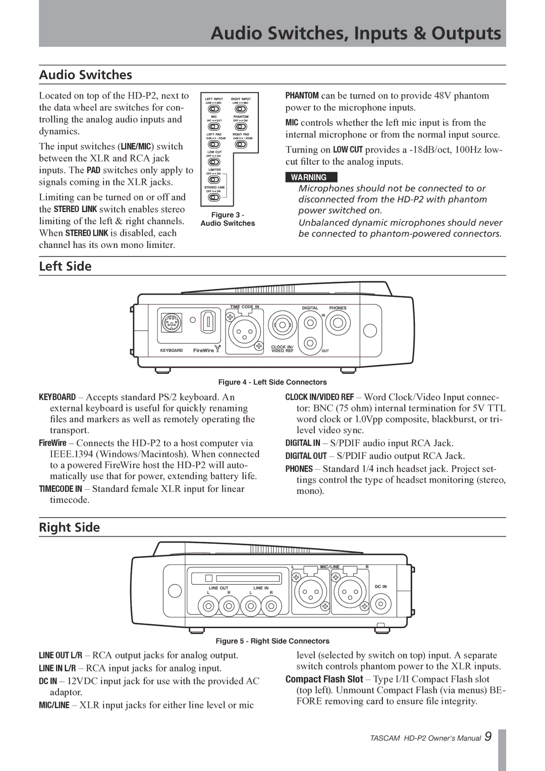 Teac HD-P2 owner manual Audio Switches, Inputs & Outputs, Left Side, Right Side 