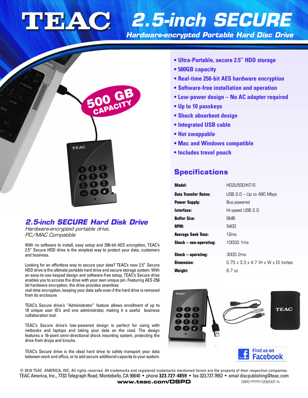 Teac HD2U500/KIT/S specifications Hardware-encrypted Portable Hard Disc Drive, inch SECURE Hard Disk Drive, Capacity 