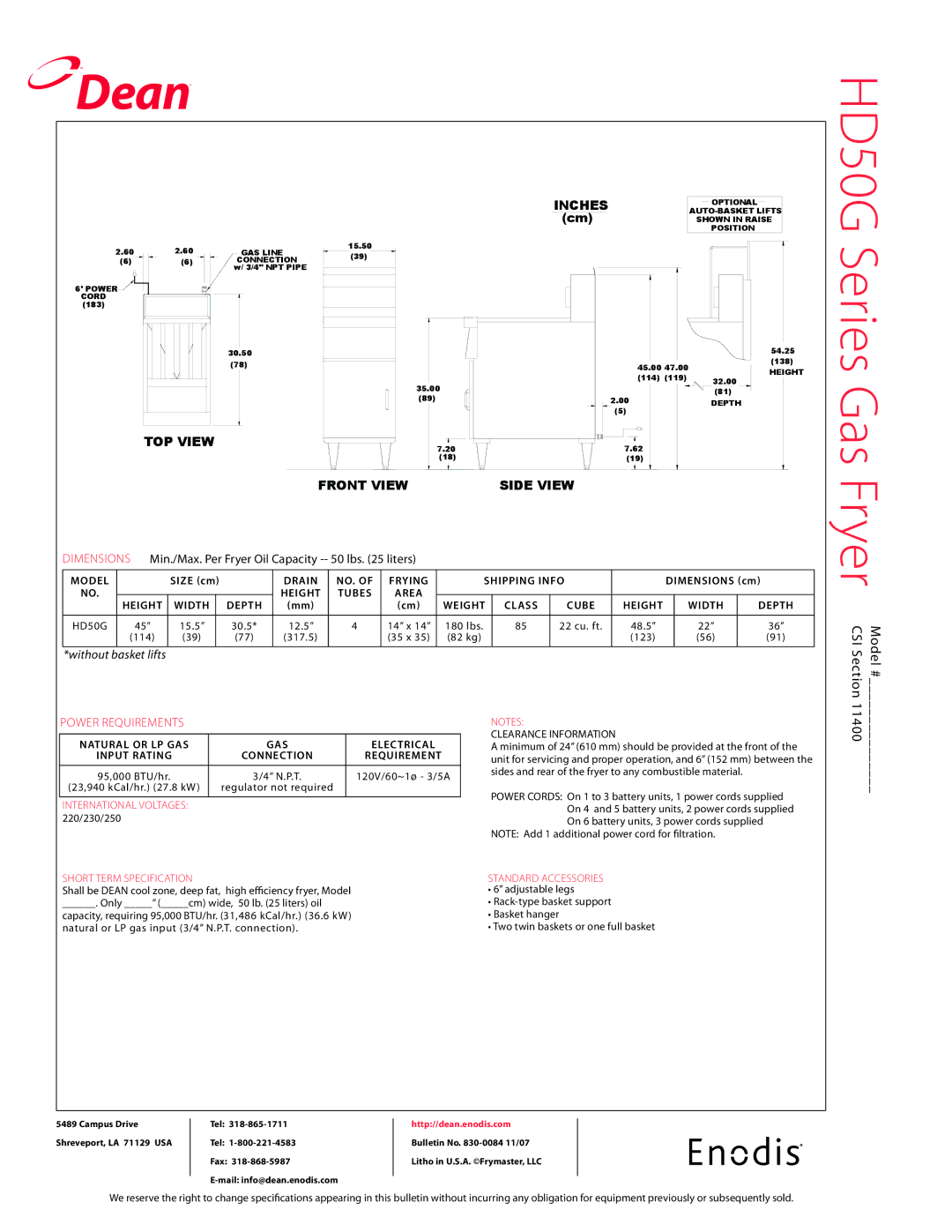 Teac HD50G specifications International voltages 220/230/250 Short term specification, Standard accessories 