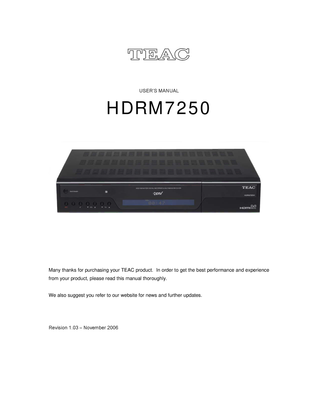 Teac user manual HDRM7250, USER’S Manual 