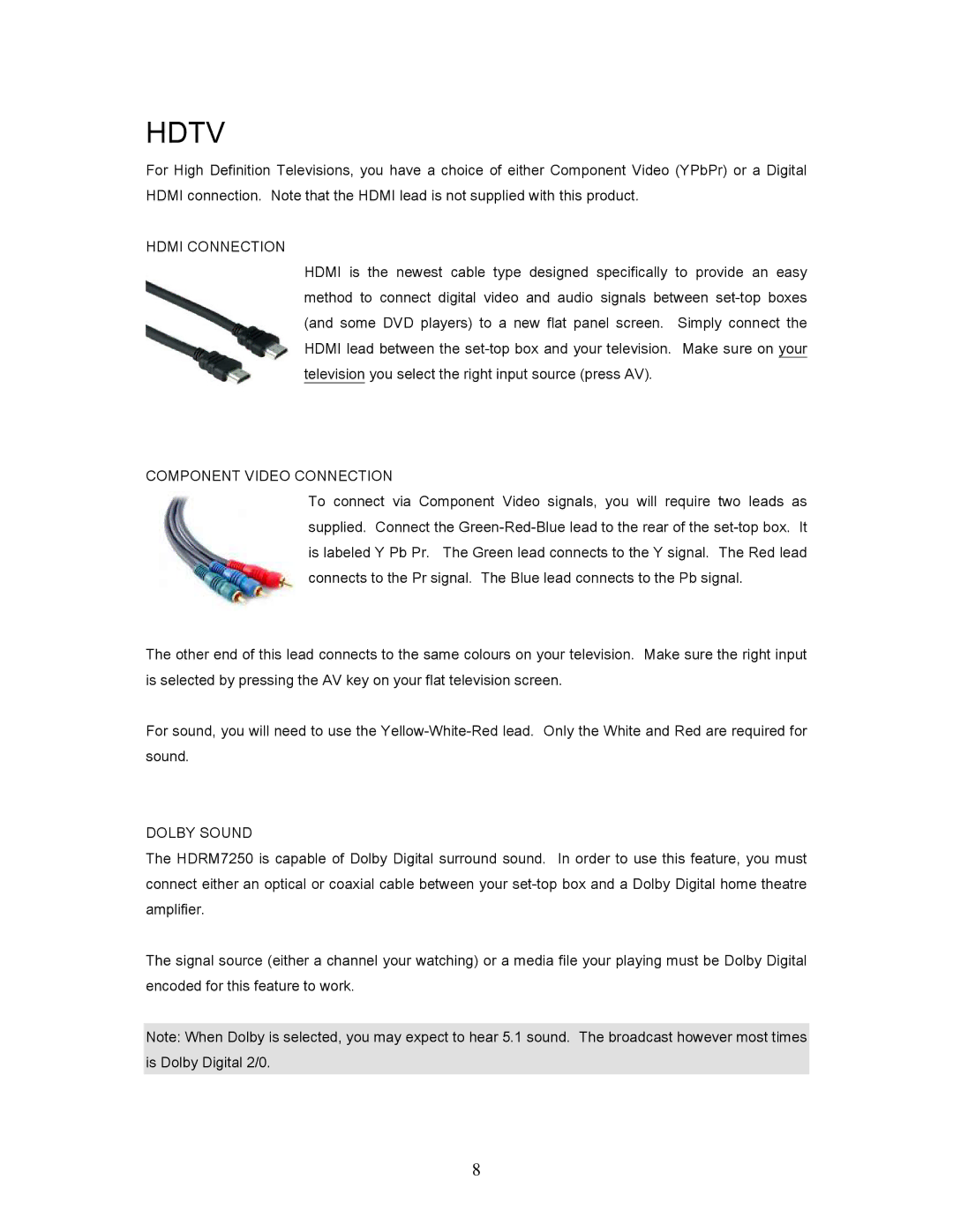 Teac HDRM, 7250 user manual Hdmi Connection, Component Video Connection, Dolby Sound 