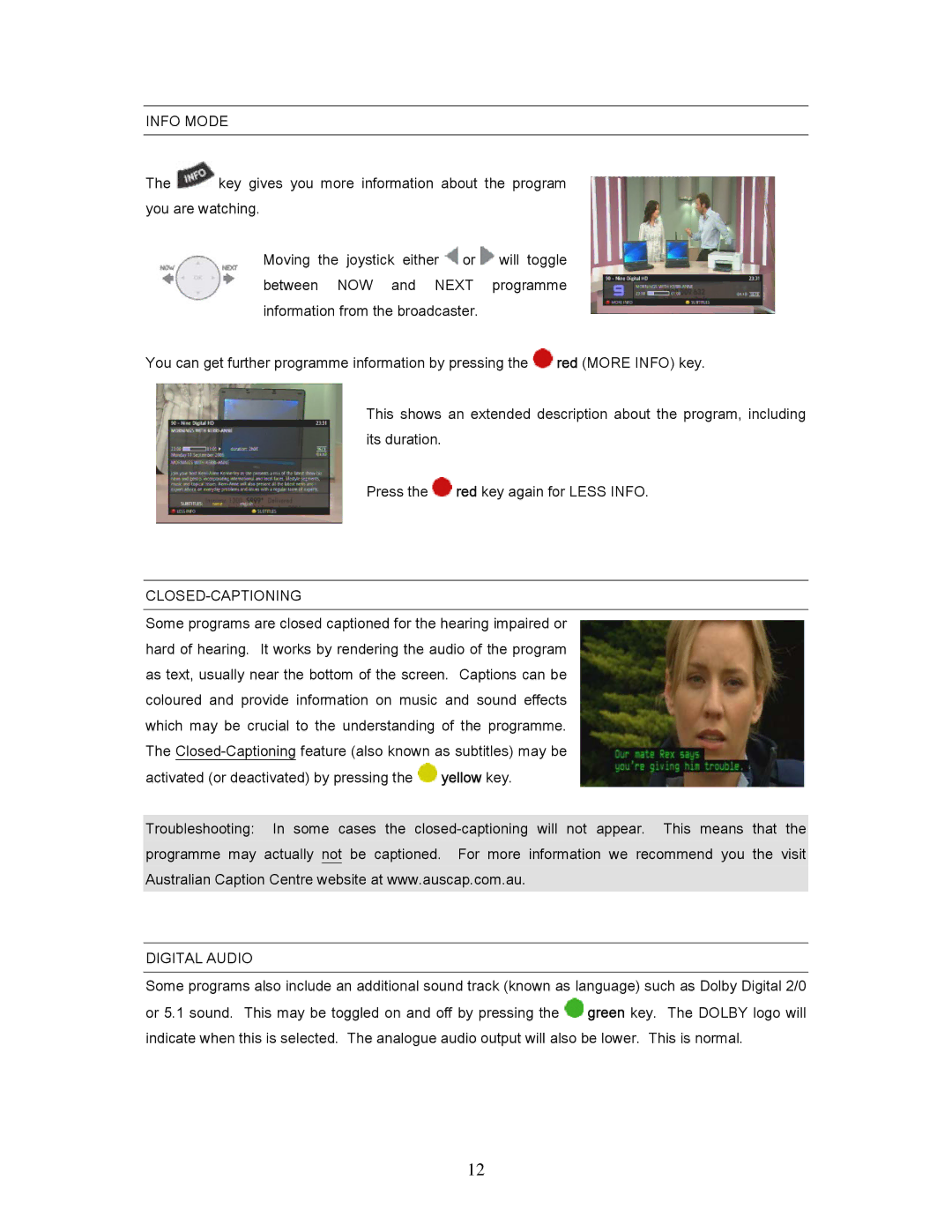 Teac HDRM, 7250 user manual Info Mode, Closed-Captioning, Digital Audio 