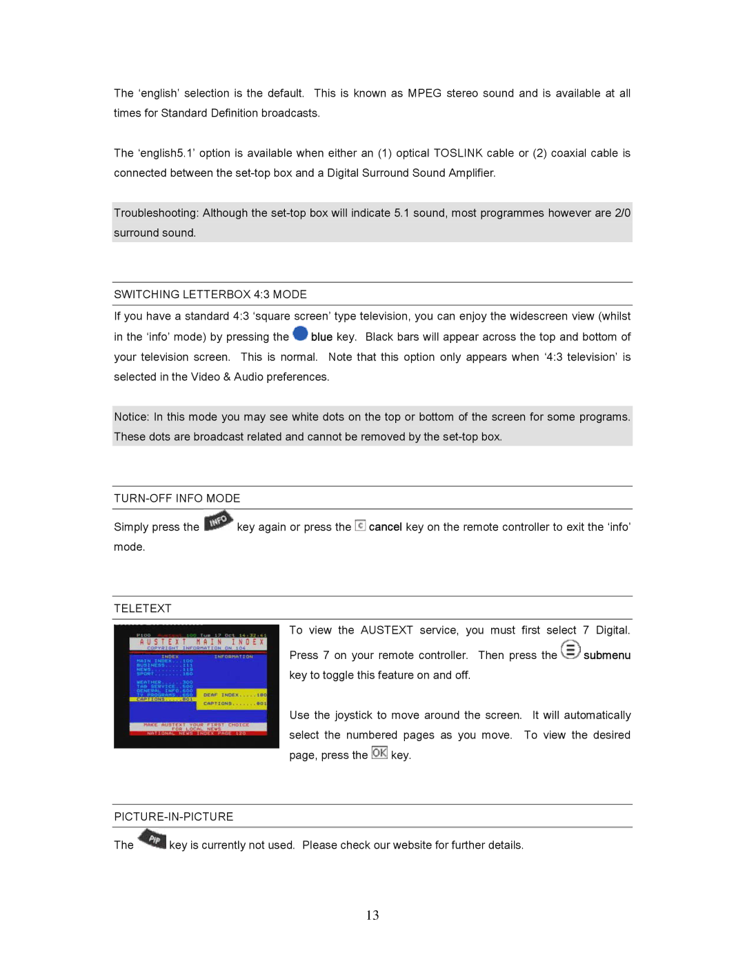 Teac 7250, HDRM user manual Switching Letterbox 43 Mode, TURN-OFF Info Mode, Teletext, Picture-In-Picture 