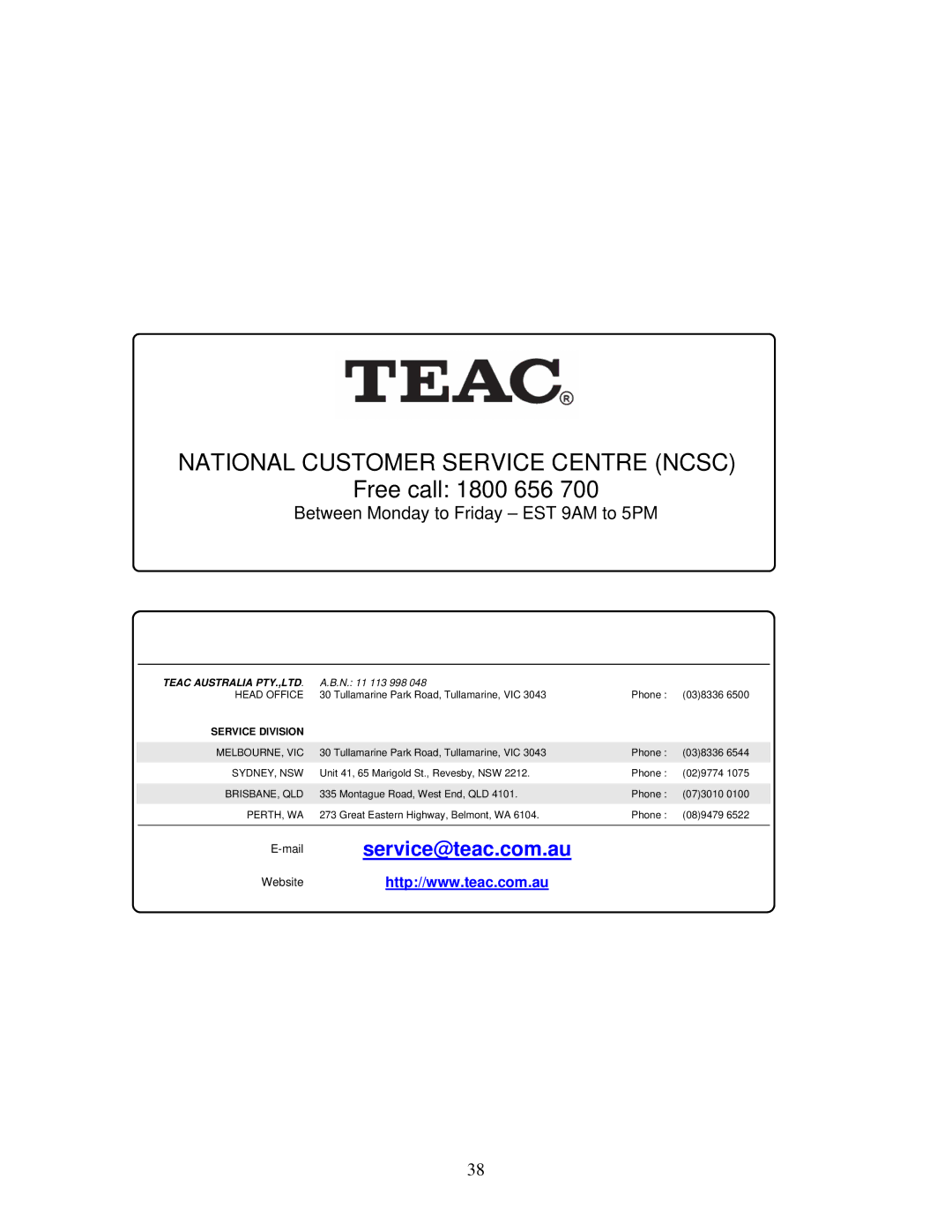 Teac HDRM, 7250 user manual National Customer Service Centre Ncsc Free call 1800 656 