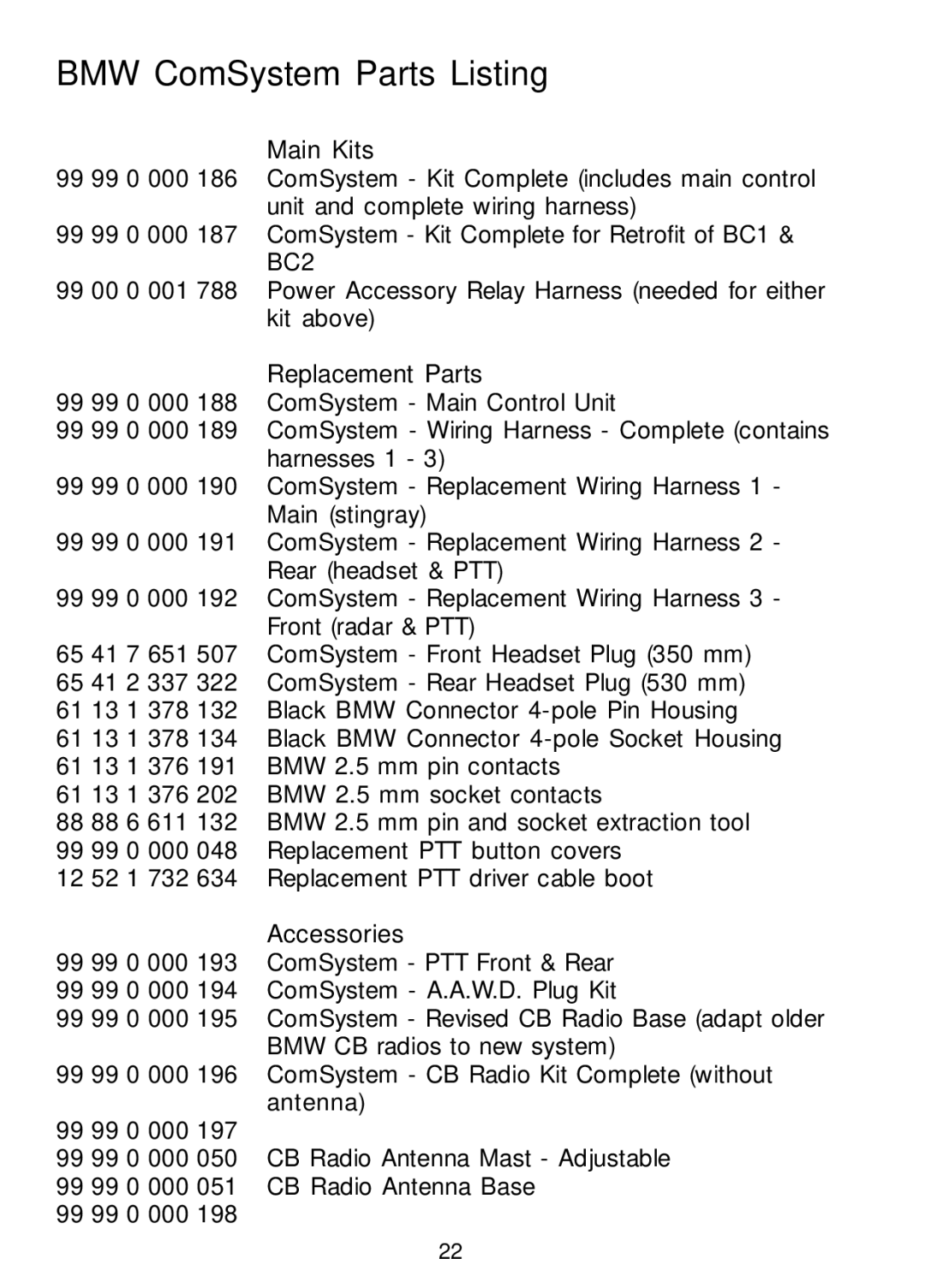 Teac K1200 owner manual BMW ComSystem Parts Listing, Main Kits, Replacement Parts, Accessories 