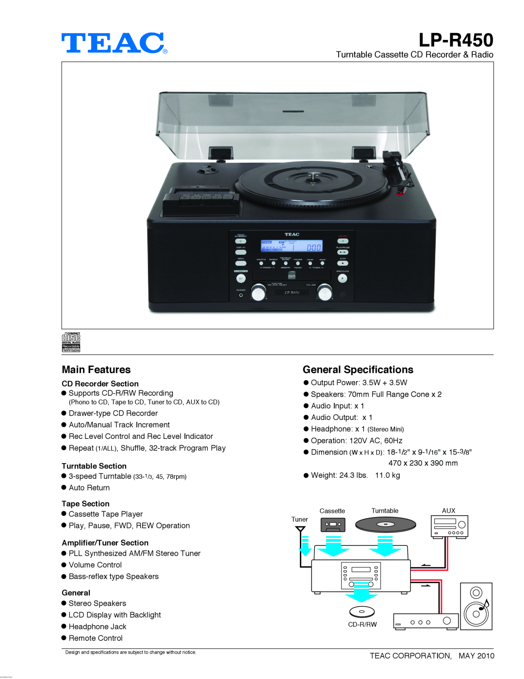 Teac LP-R450 specifications Main Features, General Specifications, Turntable Cassette CD Recorder & Radio, Tape Section 
