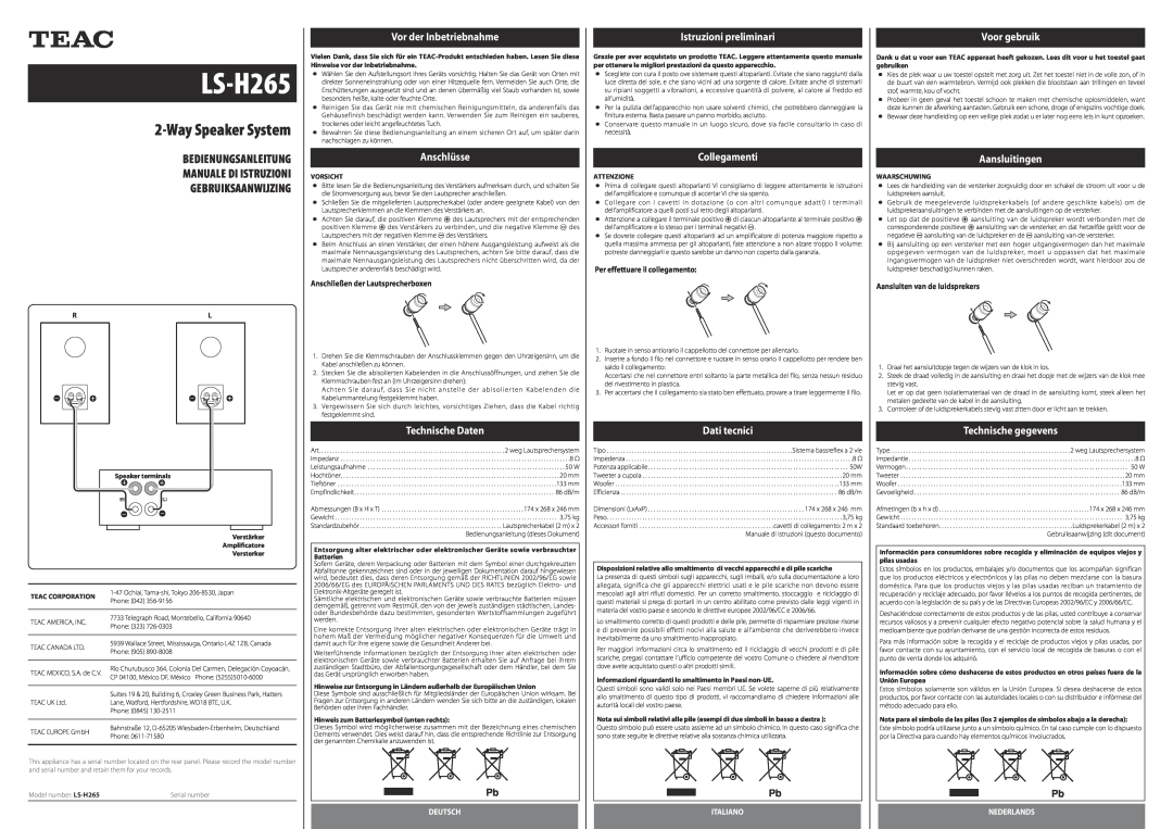 Teac LS-H265 Manuale Di Istruzioni Gebruiksaanwijzing, Vor der Inbetriebnahme, Anschlüsse, Technische Daten, Collegamenti 