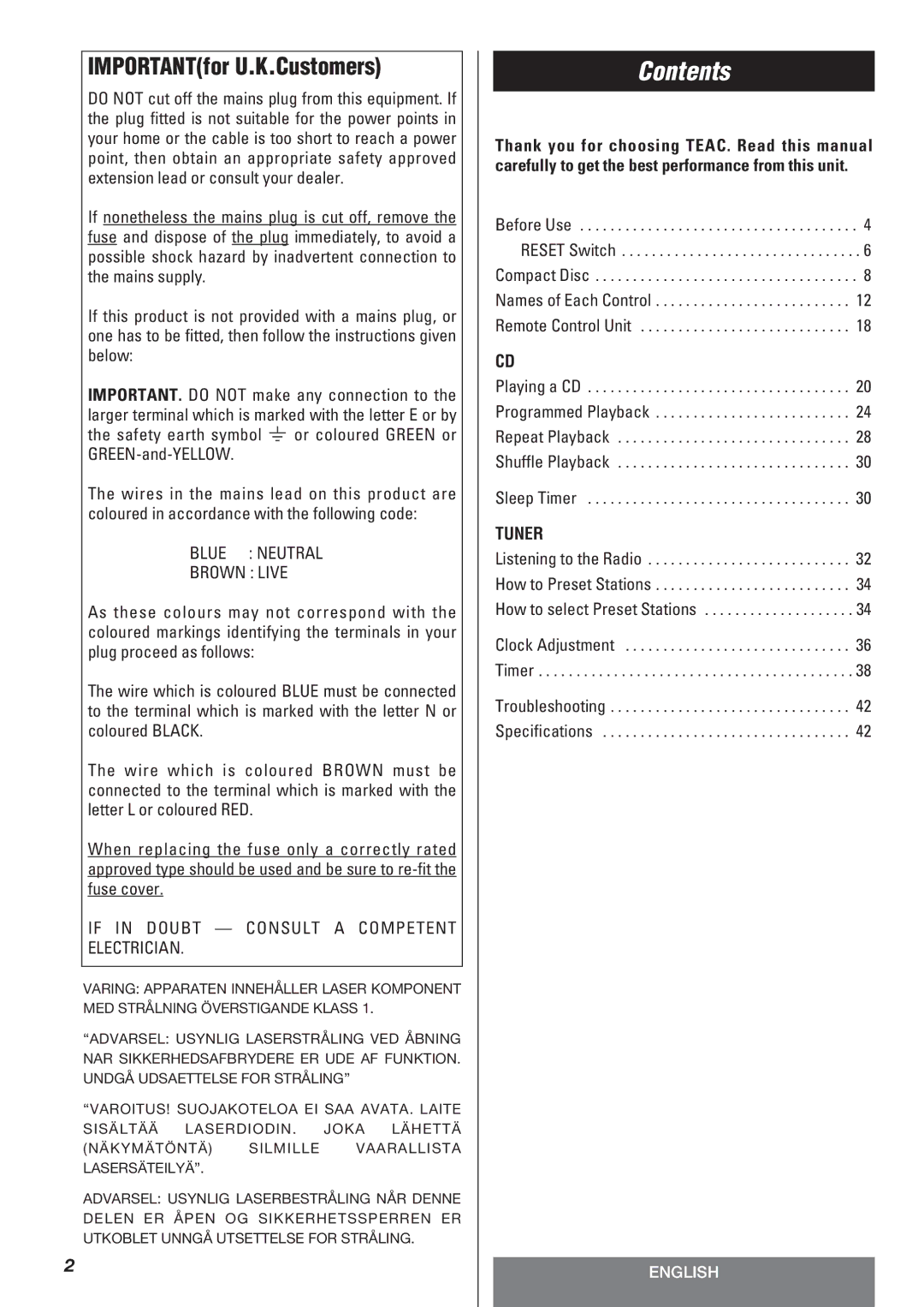 Teac LT-1CD owner manual Contents 