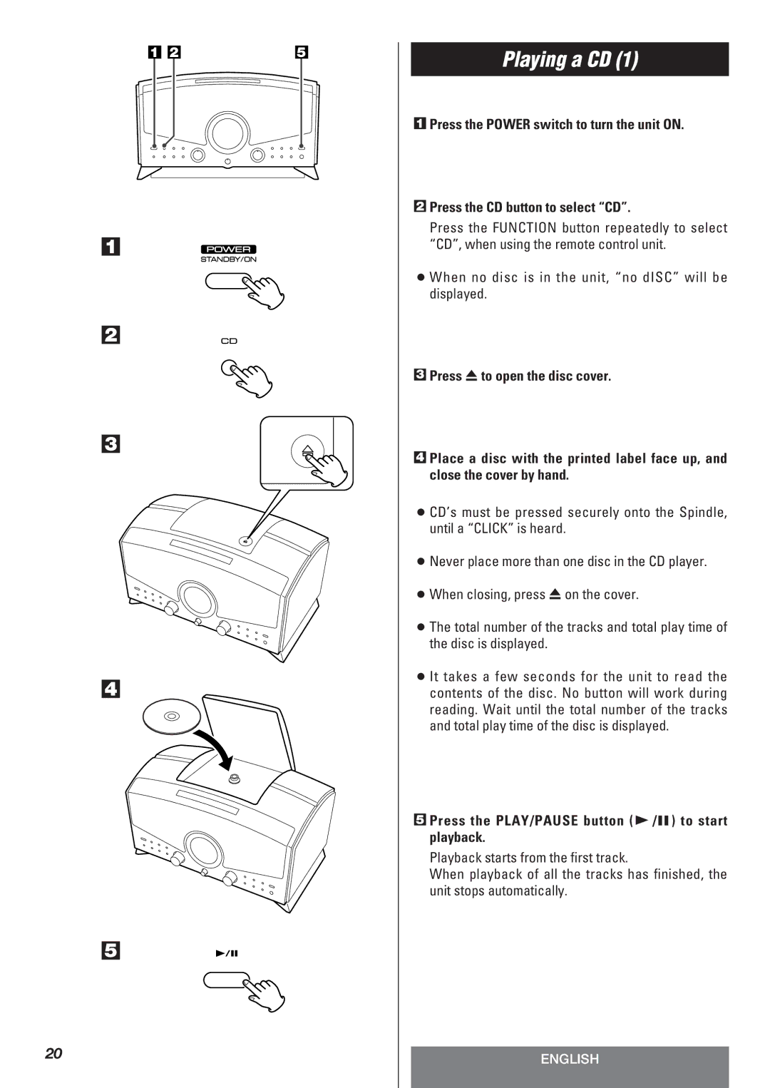 Teac LT-1CD owner manual Playing a CD, When no disc is in the unit, no dISC will be displayed 