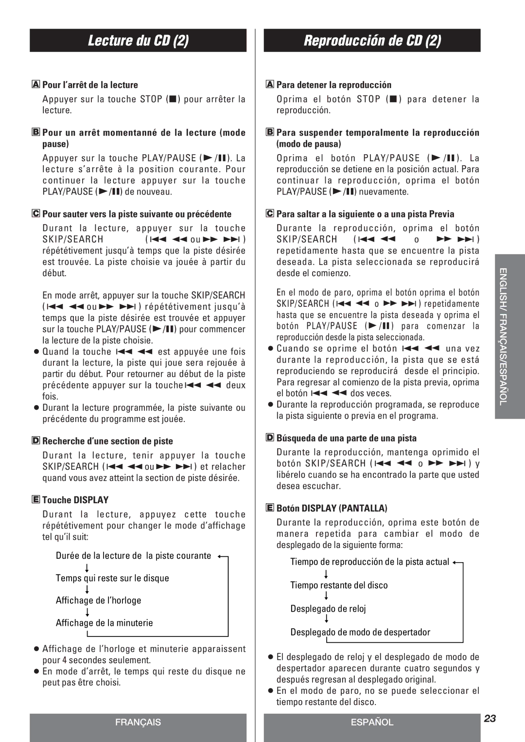 Teac LT-1CD owner manual Pour l’arrêt de la lecture, Pour un arrêt momentanné de la lecture mode pause, Touche Display 