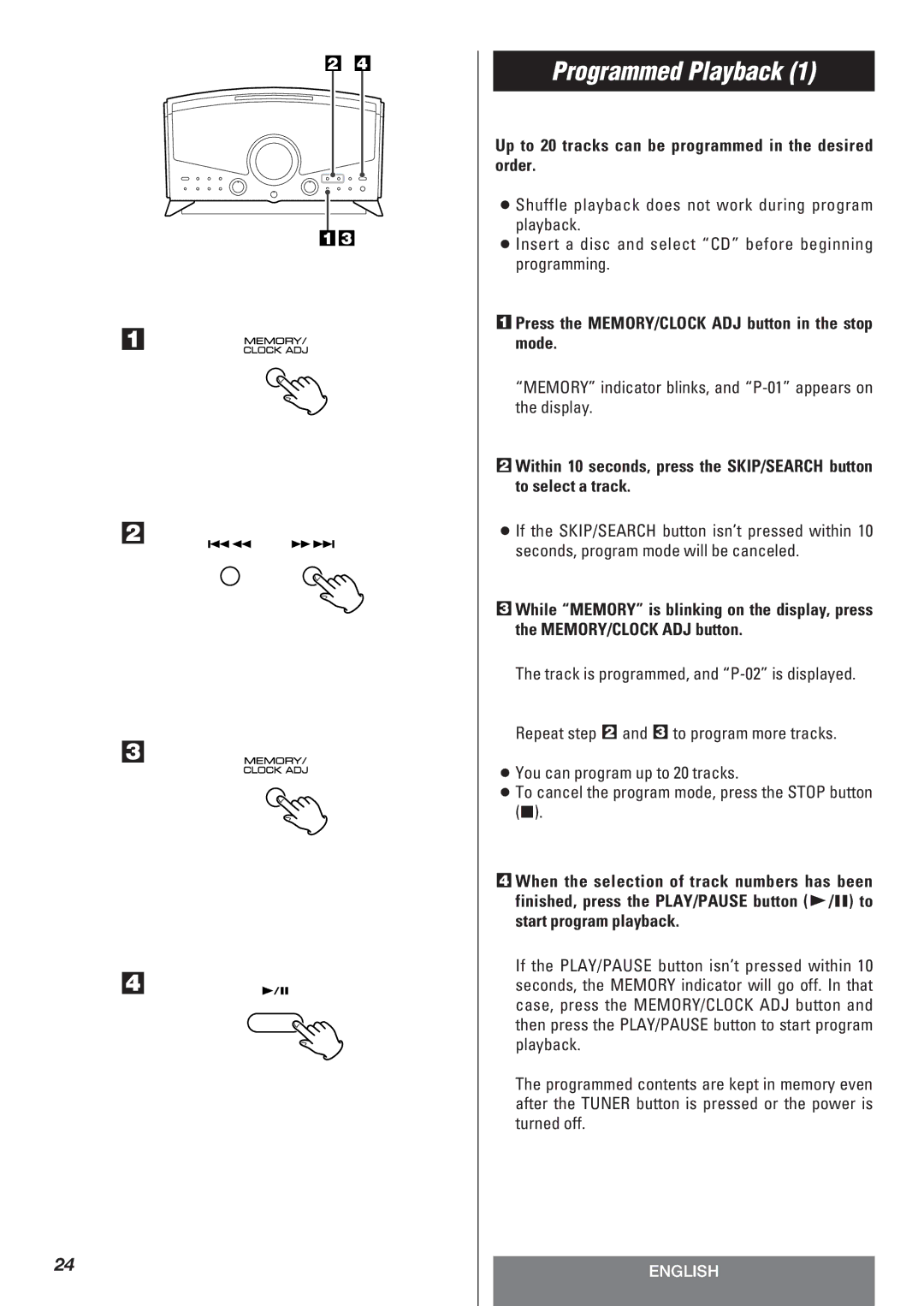 Teac LT-1CD owner manual Programmed Playback, Up to 20 tracks can be programmed in the desired order 