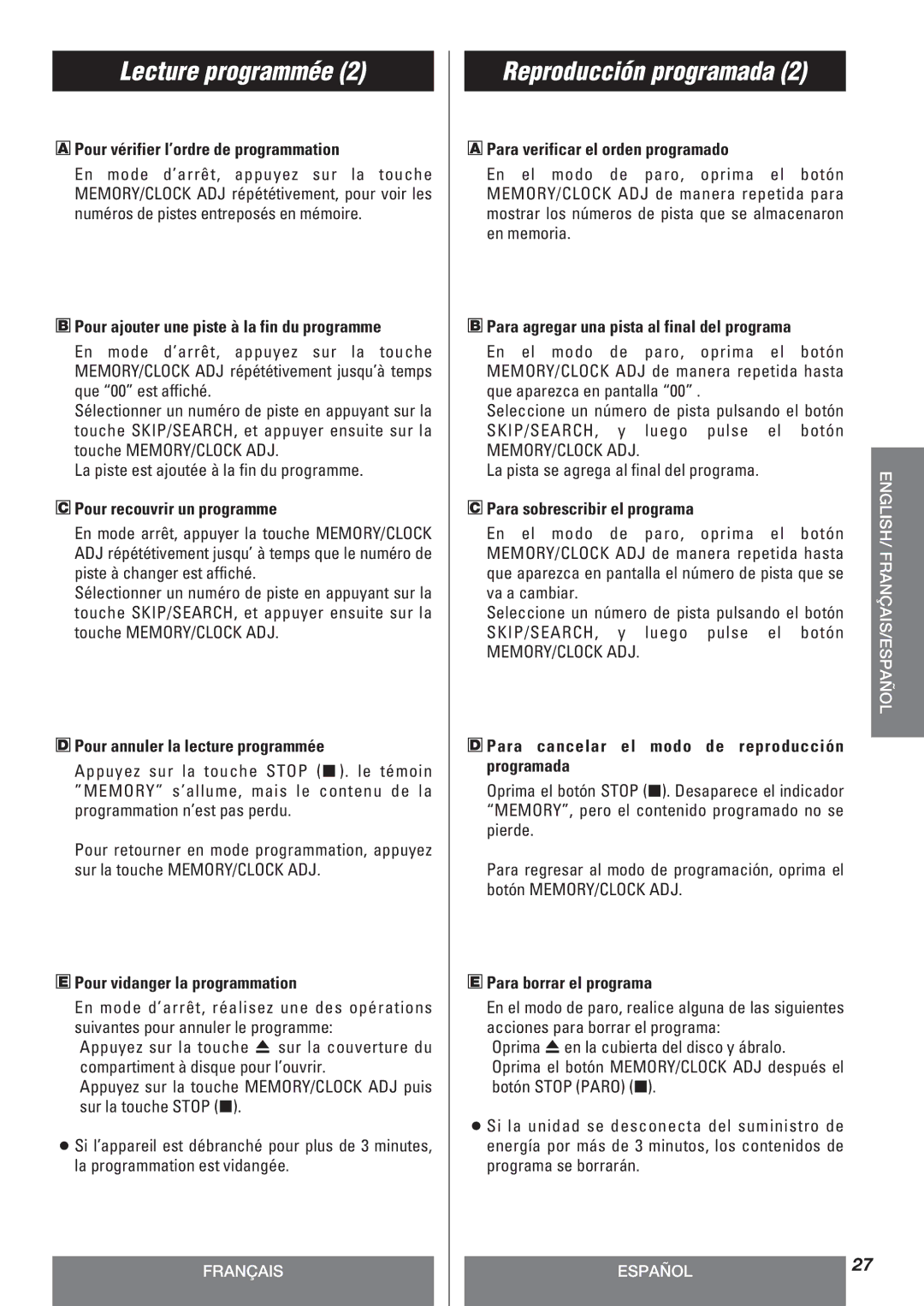 Teac LT-1CD Pour vérifier l’ordre de programmation, Pour ajouter une piste à la fin du programme, Para borrar el programa 