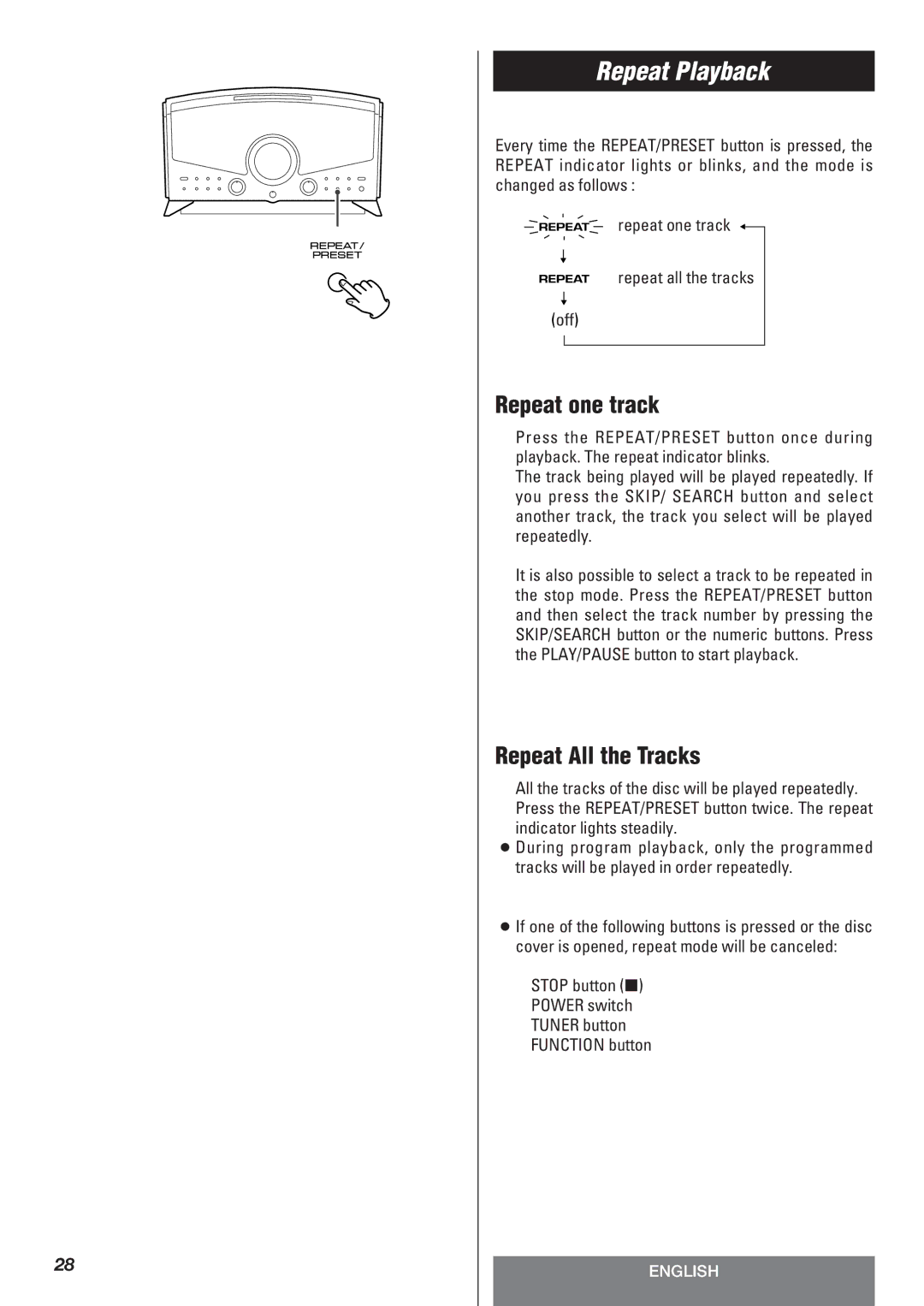 Teac LT-1CD owner manual Repeat Playback, Repeat one track, Repeat All the Tracks 