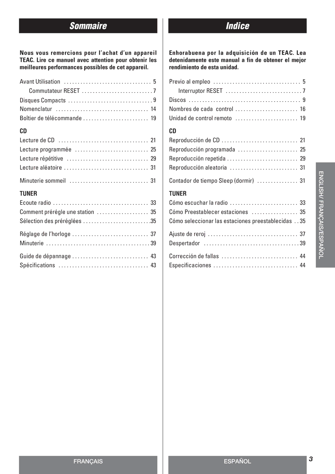 Teac LT-1CD owner manual Sommaire, Indice 