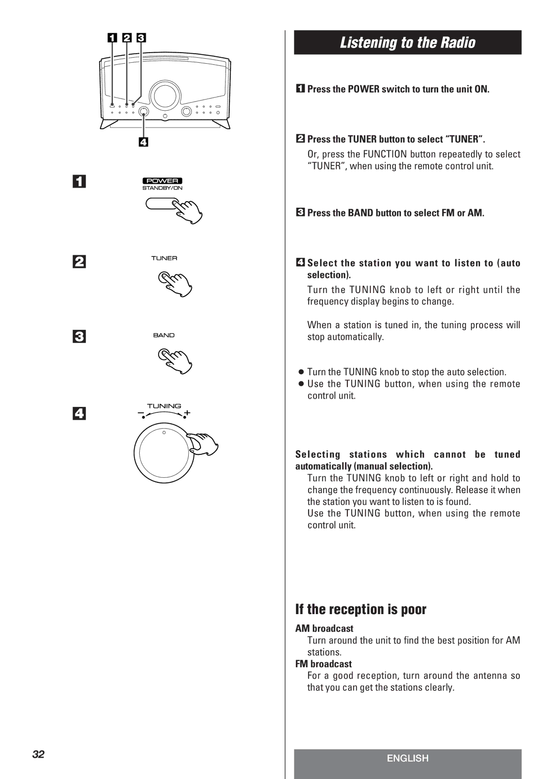 Teac LT-1CD owner manual Listening to the Radio, If the reception is poor, AM broadcast, FM broadcast 