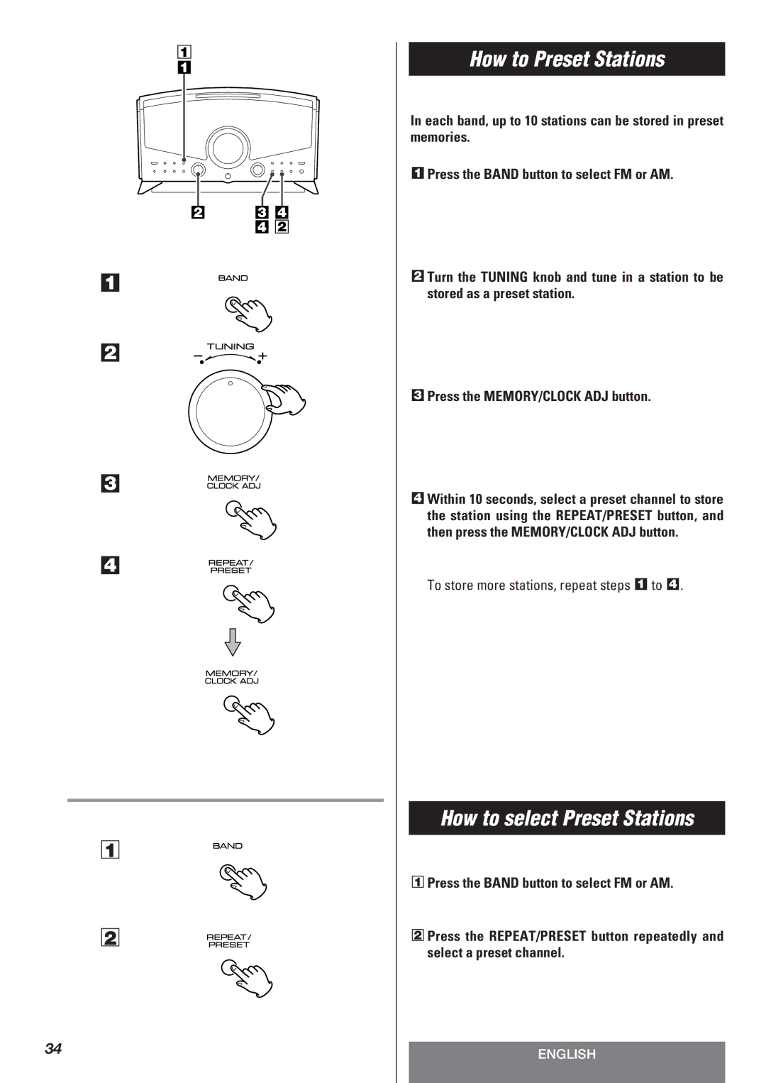 Teac LT-1CD owner manual How to Preset Stations, How to select Preset Stations, To store more stations, repeat steps 1 to 