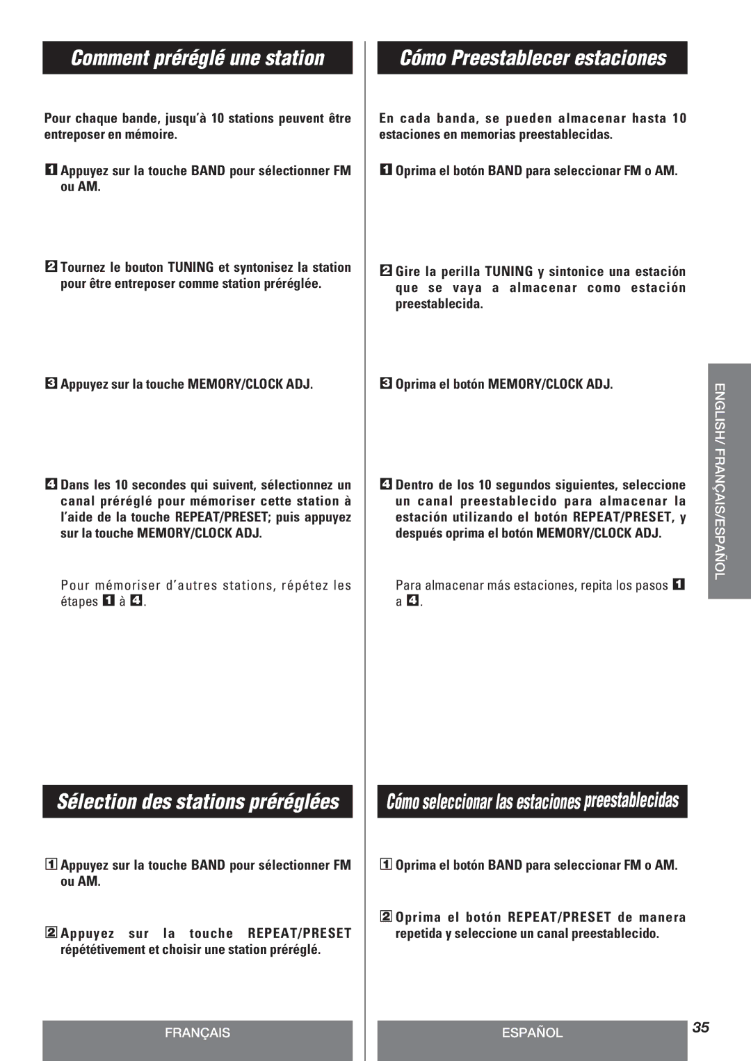 Teac LT-1CD owner manual Cómo Preestablecer estaciones, Appuyez sur la touche MEMORY/CLOCK ADJ 