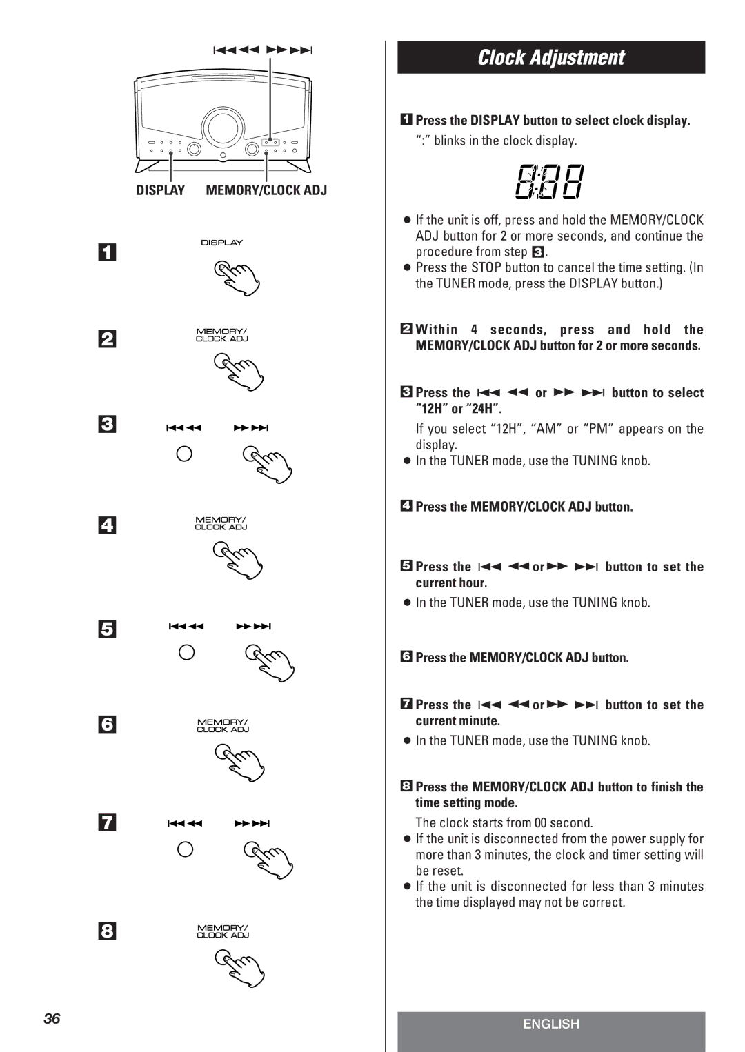 Teac LT-1CD owner manual Clock Adjustment, Press the .m or ,/ button to select 12H or 24H 