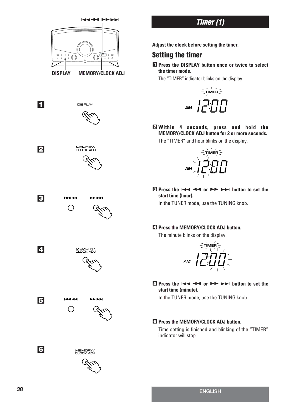 Teac LT-1CD owner manual Timer, Setting the timer, Adjust the clock before setting the timer 