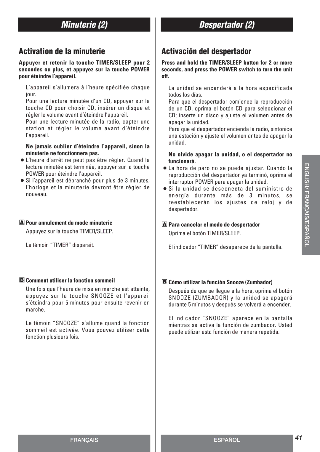 Teac LT-1CD owner manual Activation de la minuterie, Activación del despertador 