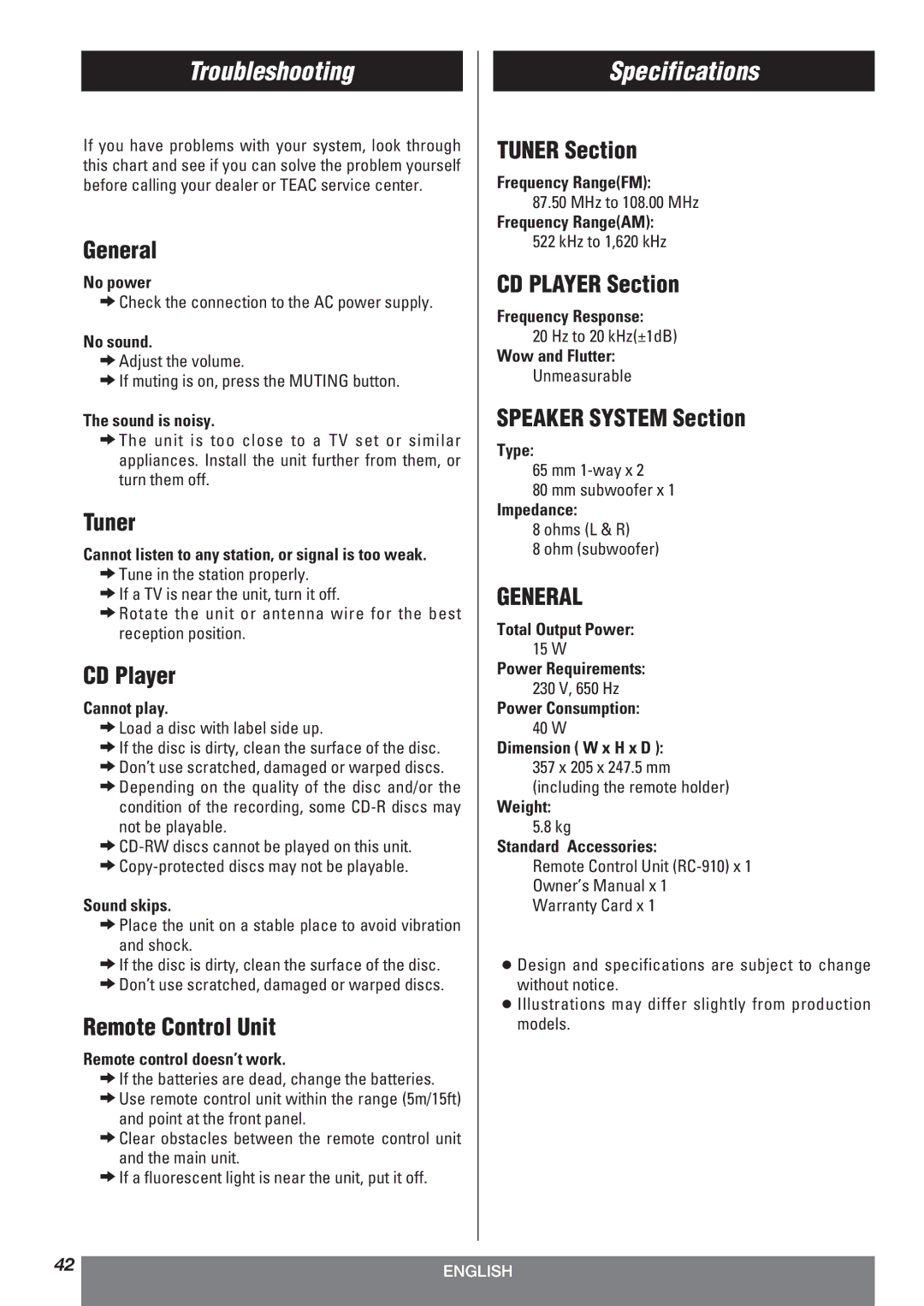 Teac LT-1CD owner manual Troubleshooting, Specifications 