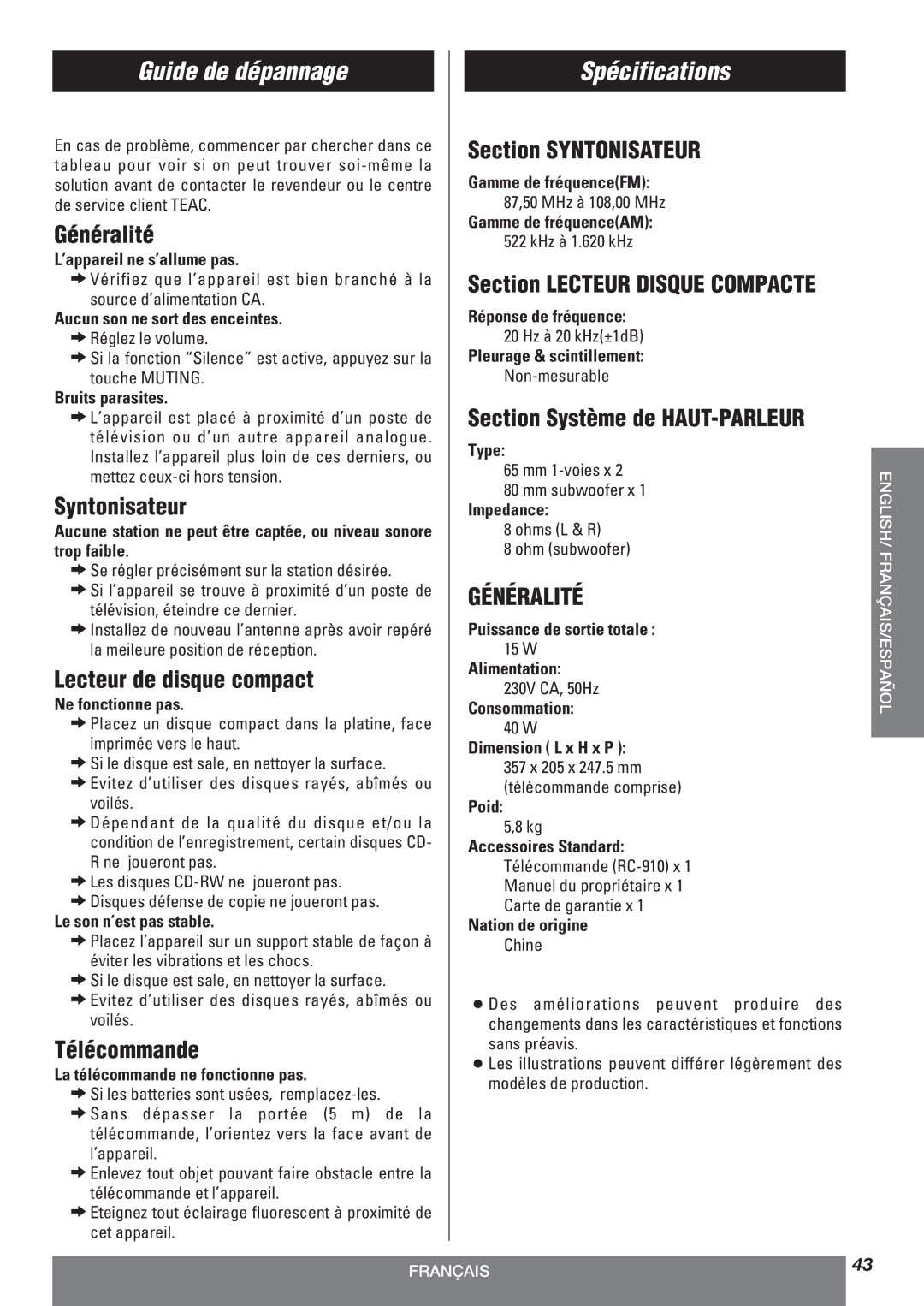 Teac LT-1CD owner manual Guide de dépannage, Spécifications 