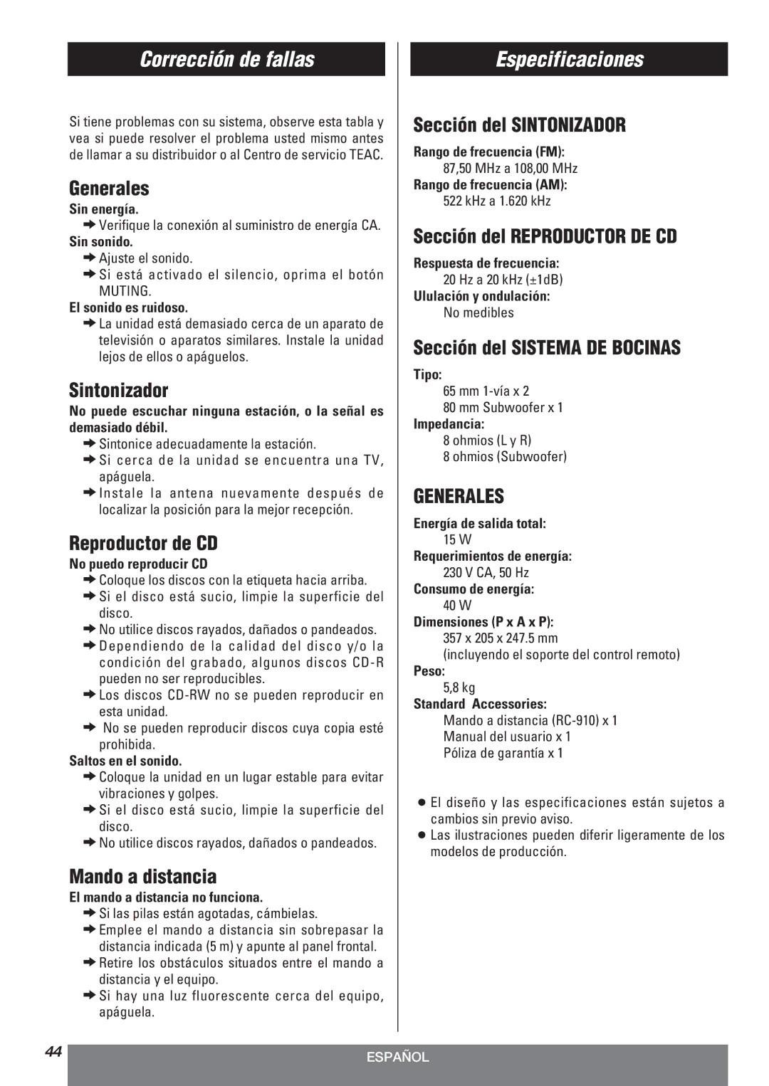 Teac LT-1CD owner manual Corrección de fallas, Especificaciones 