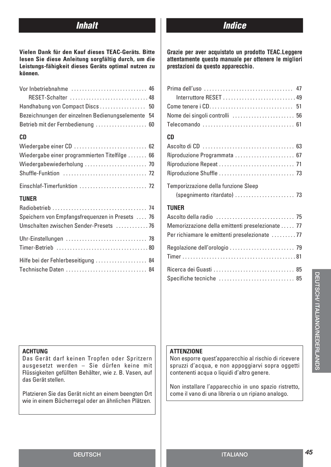 Teac LT-1CD owner manual Inhalt, Ricerca dei Guasti 