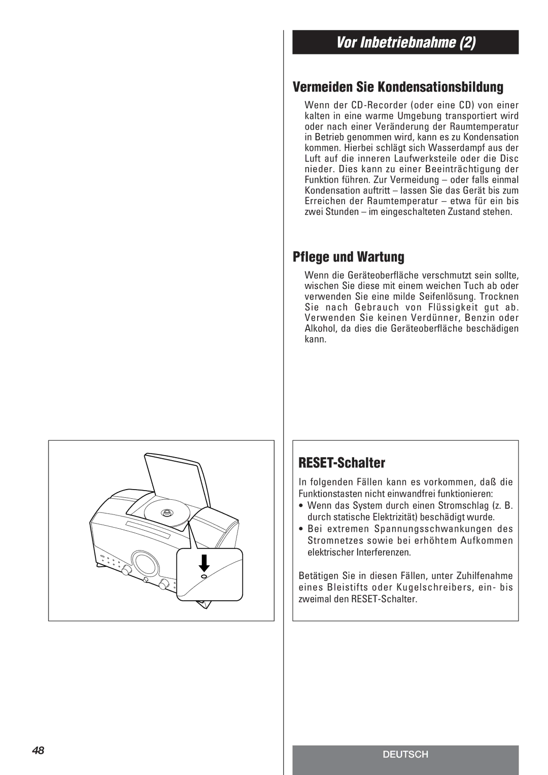 Teac LT-1CD owner manual Vermeiden Sie Kondensationsbildung, Pflege und Wartung, RESET-Schalter 