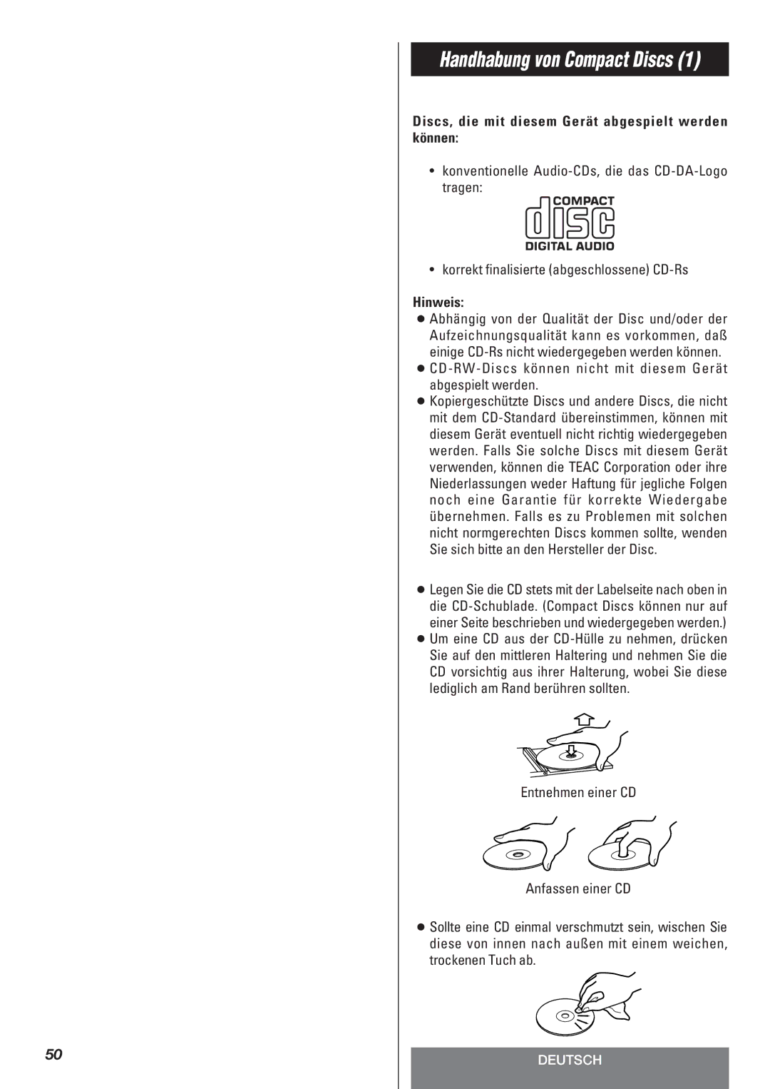 Teac LT-1CD owner manual Discs, die mit diesem Gerät abgespielt werden können, Hinweis 