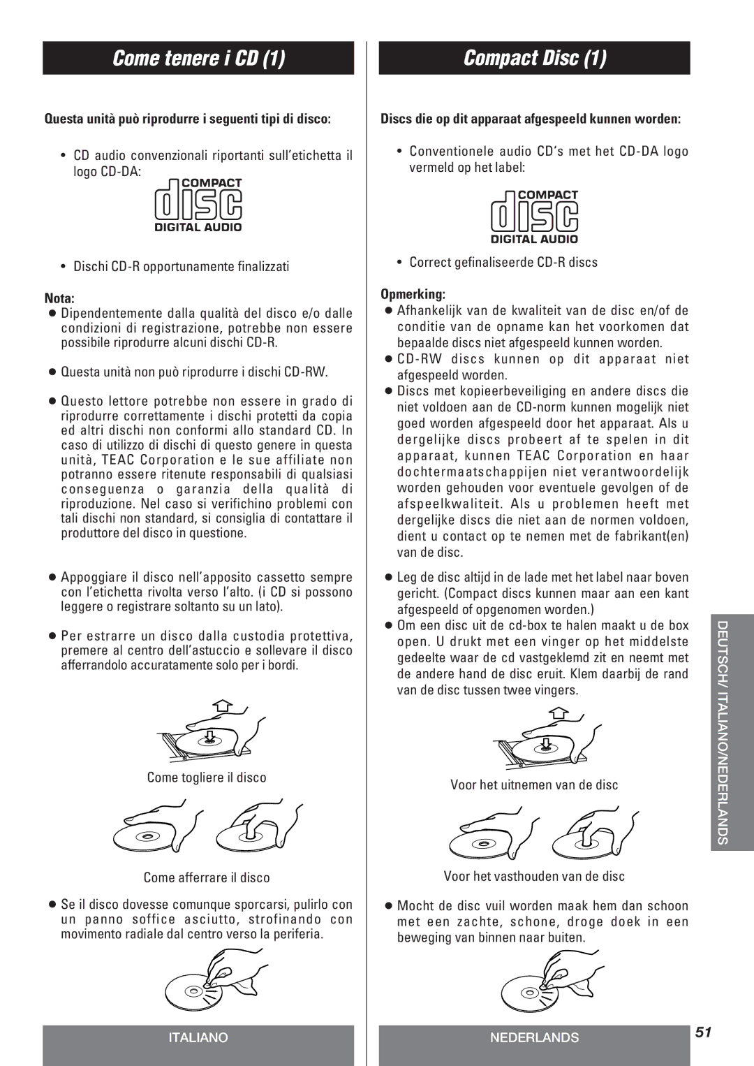 Teac LT-1CD owner manual Come tenere i CD, Discs die op dit apparaat afgespeeld kunnen worden, Opmerking 