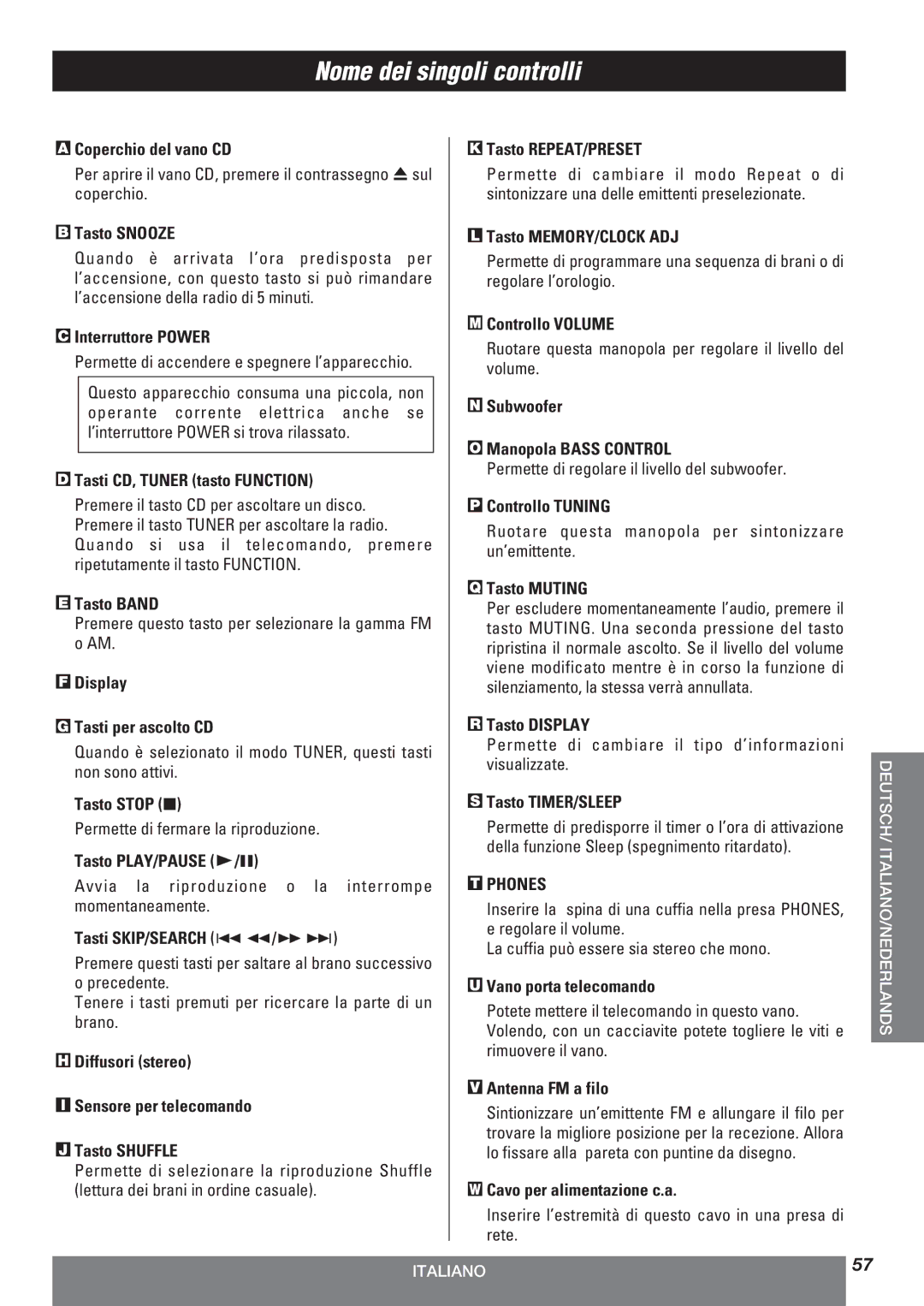 Teac LT-1CD owner manual Nome dei singoli controlli 