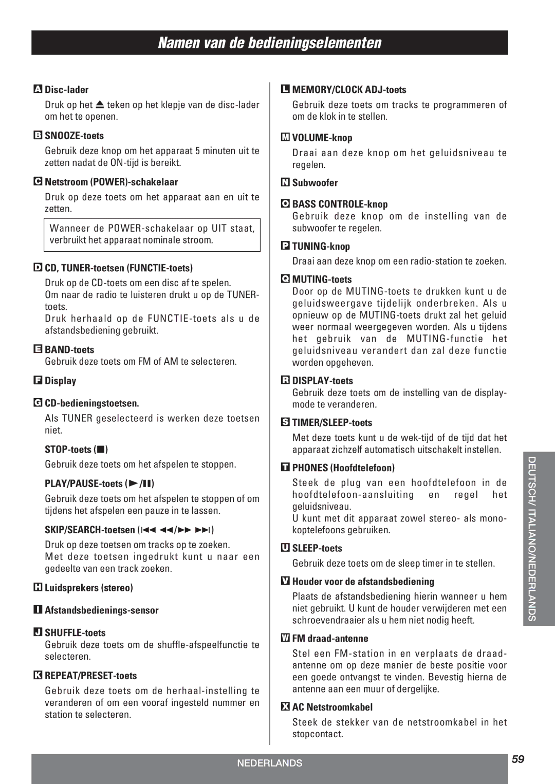 Teac LT-1CD owner manual Namen van de bedieningselementen 