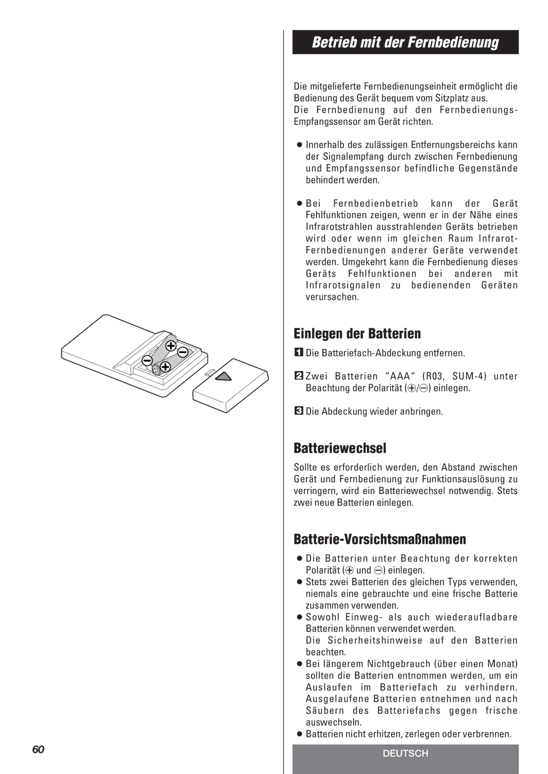 Teac LT-1CD Betrieb mit der Fernbedienung, Einlegen der Batterien, Batteriewechsel, Batterie-Vorsichtsmaßnahmen 