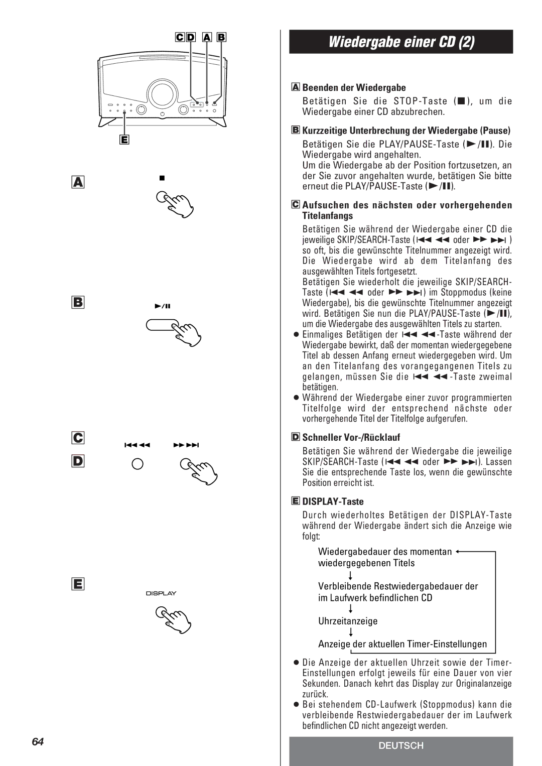 Teac LT-1CD Beenden der Wiedergabe, Aufsuchen des nächsten oder vorhergehenden Titelanfangs, Schneller Vor-/Rücklauf 