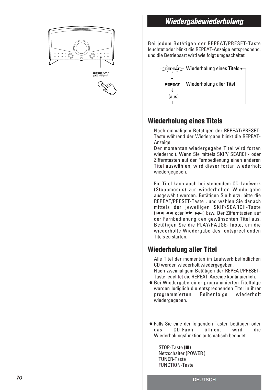 Teac LT-1CD owner manual Wiedergabewiederholung, Wiederholung eines Titels, Wiederholung aller Titel 