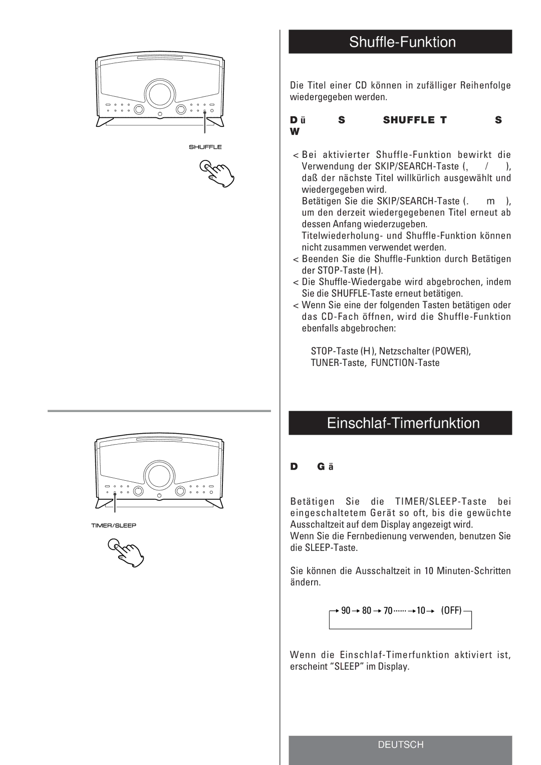 Teac LT-1CD Shuffle-Funktion, Einschlaf-Timerfunktion, Das Gerät kann sich zu einer bestimmten Zeit ausschalten 