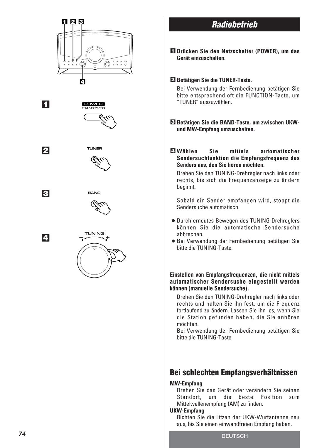 Teac LT-1CD owner manual Radiobetrieb, Bei schlechten Empfangsverhältnissen, MW-Empfang, UKW-Empfang 