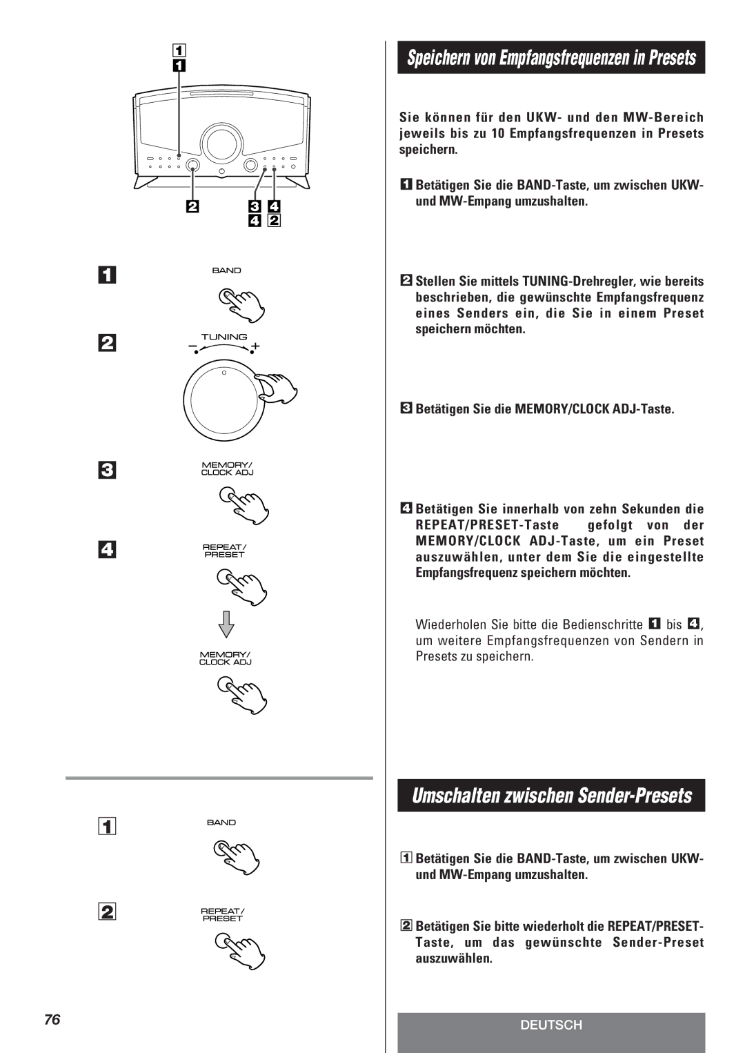 Teac LT-1CD owner manual Umschalten zwischen Sender-Presets 