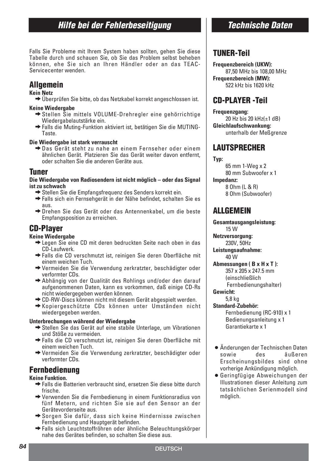 Teac LT-1CD owner manual Hilfe bei der Fehlerbeseitigung, Technische Daten 