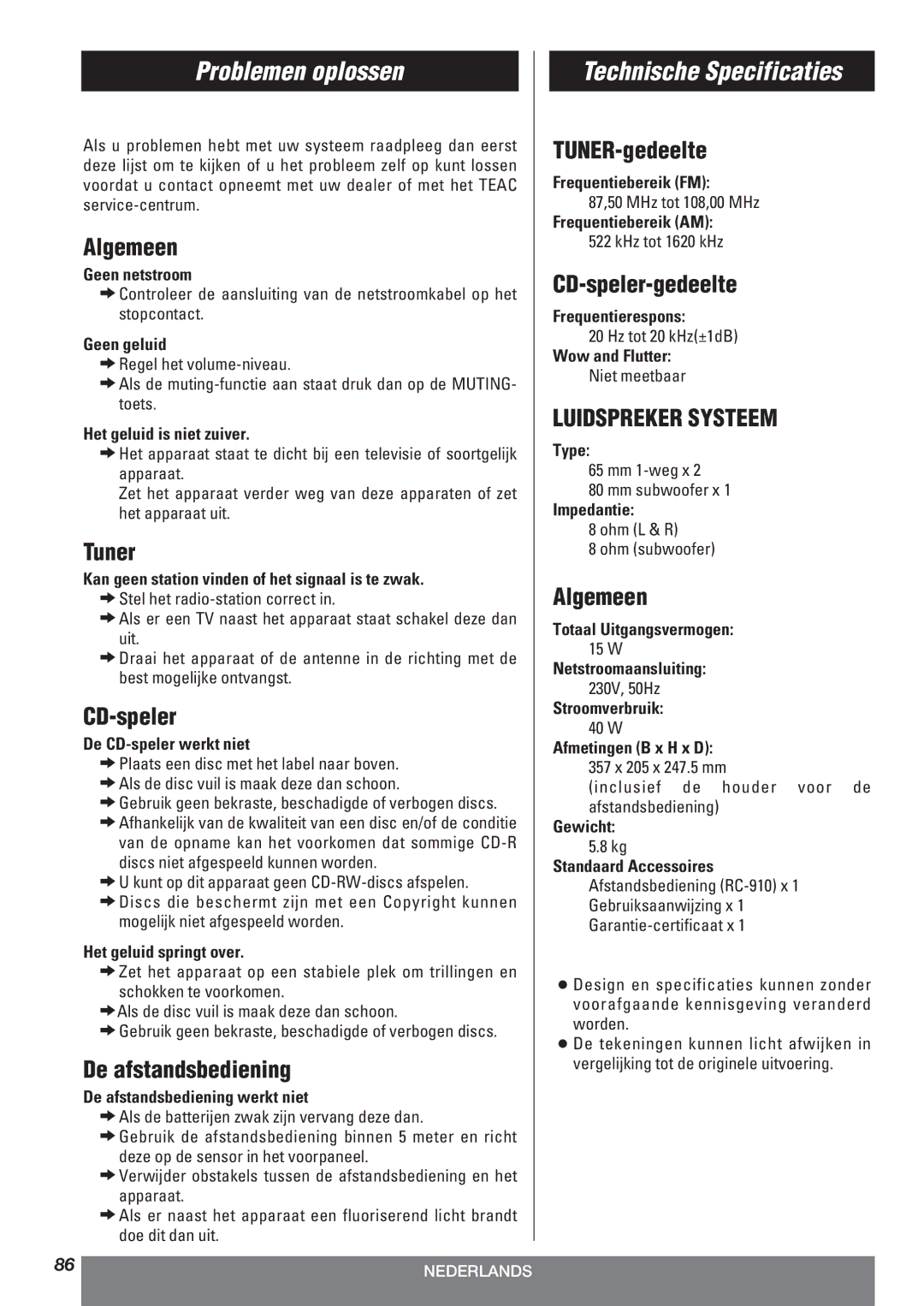 Teac LT-1CD owner manual Problemen oplossen, Technische Specificaties 