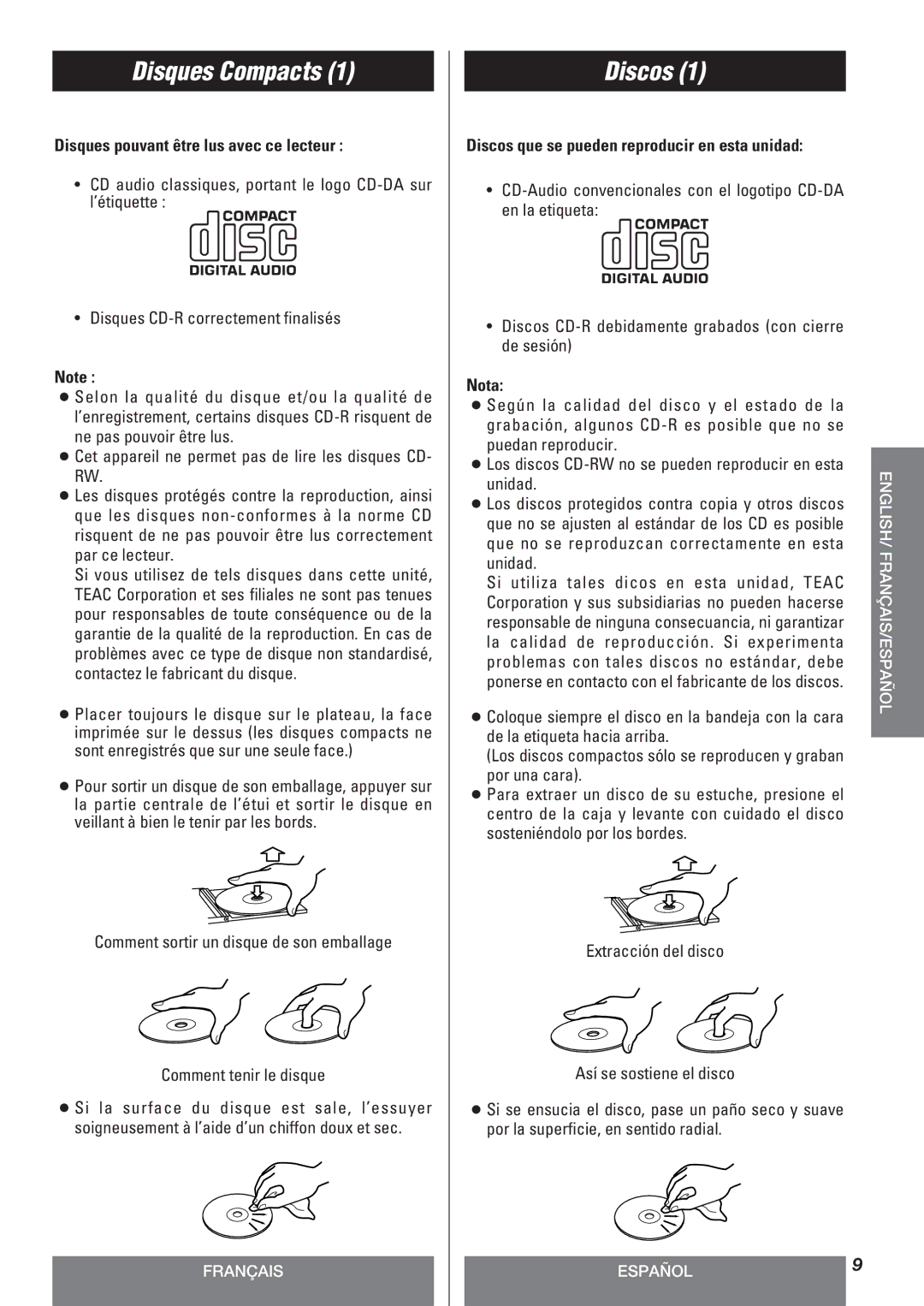 Teac LT-1CD owner manual Disques Compacts, Discos, Disques pouvant être lus avec ce lecteur, Nota 