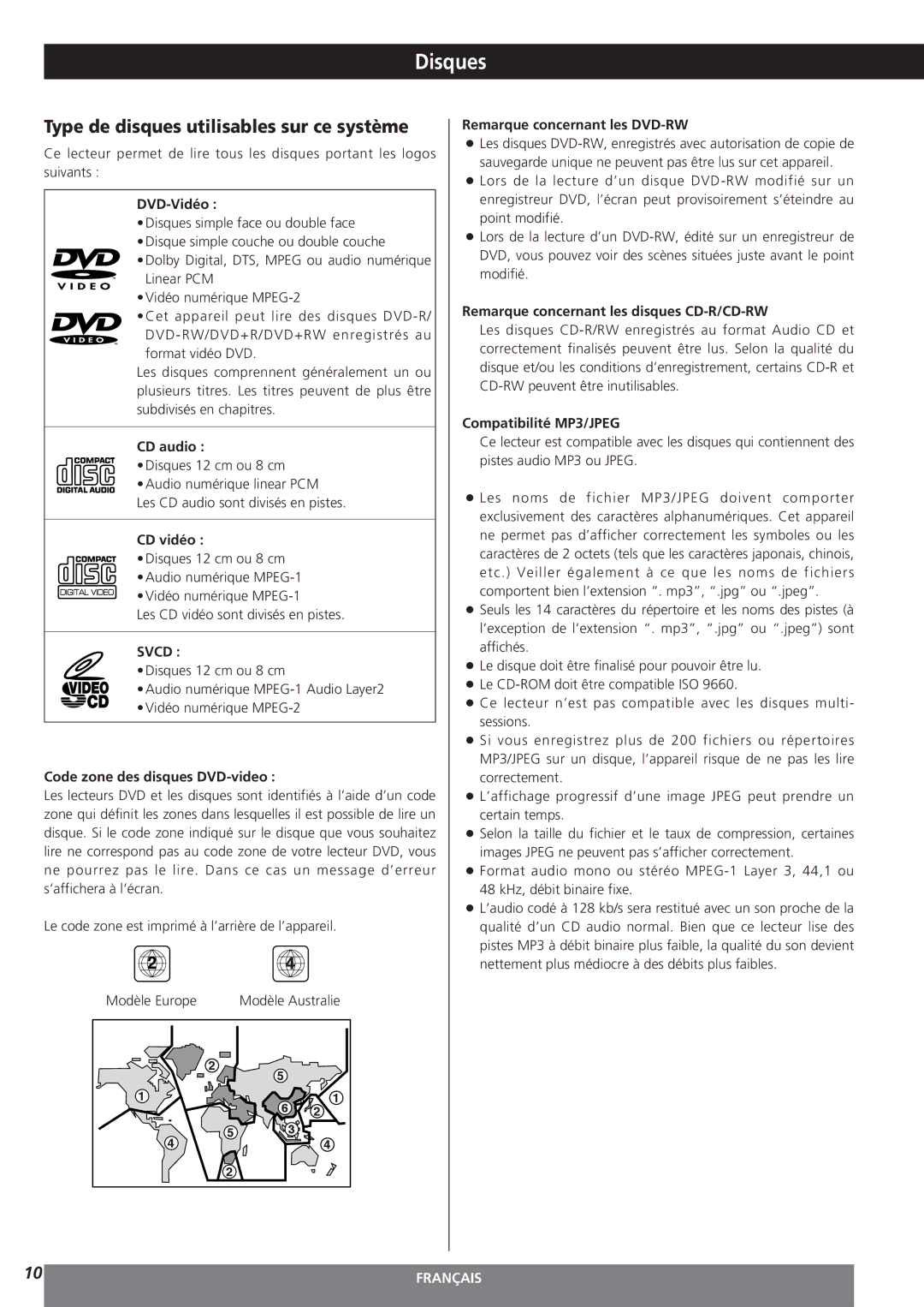 Teac MC-DV250 owner manual Disques, Type de disques utilisables sur ce système 