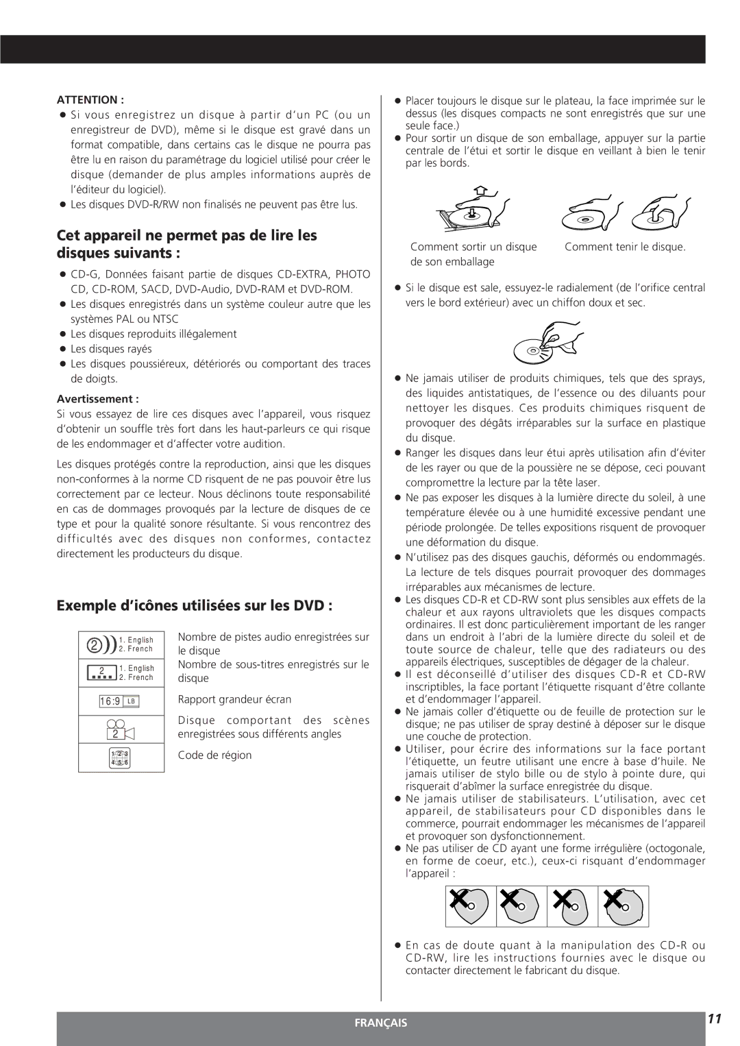 Teac MC-DV250 owner manual Cet appareil ne permet pas de lire les disques suivants, Exemple d’icônes utilisées sur les DVD 